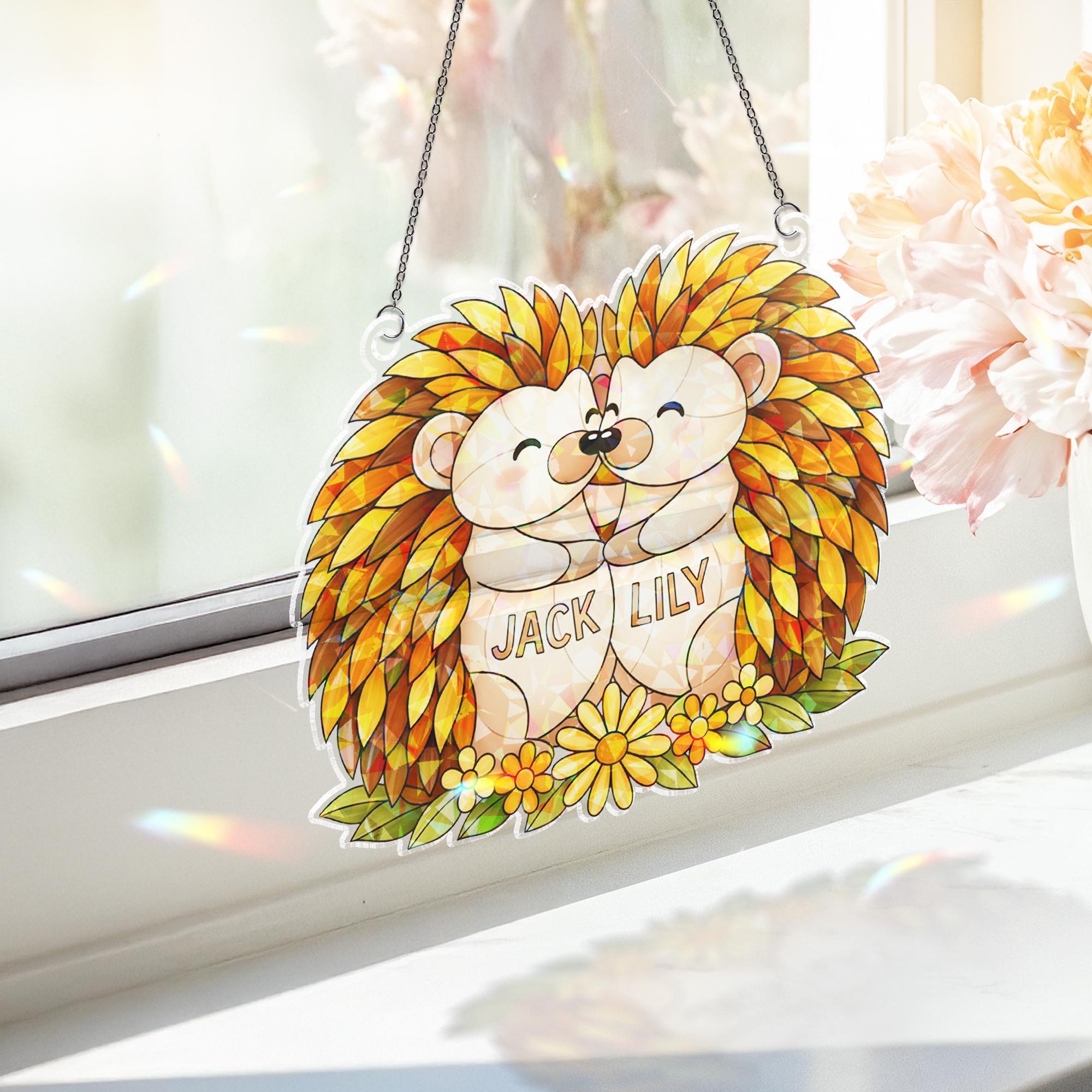 Personalized Acrylic Suncatcher – Holographic Hedgehog Couple Design, Floral Accents image 2