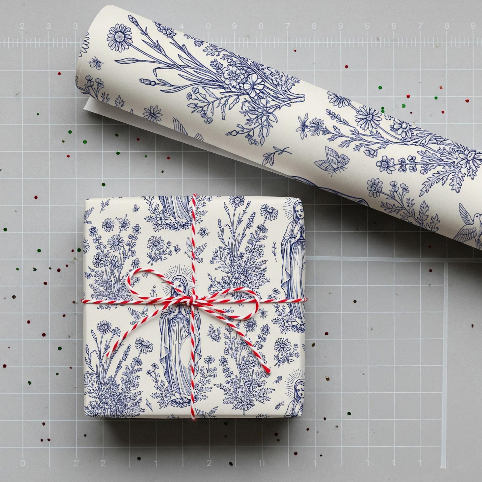 Virgin Mary Wrapping Paper Roll, Blue White Floral Catholic Pattern, Dove Botanical Line Art image 3