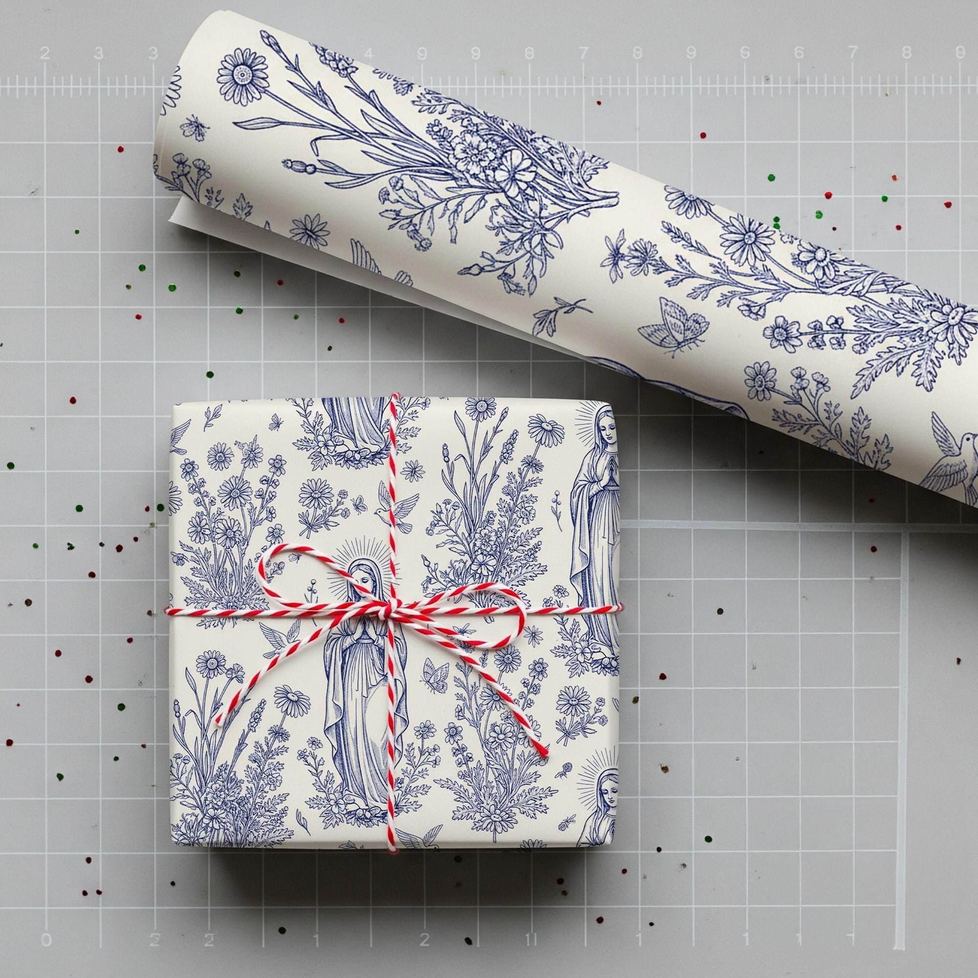 Virgin Mary Wrapping Paper Roll, Blue White Floral Catholic Pattern, Dove Botanical Line Art image 3