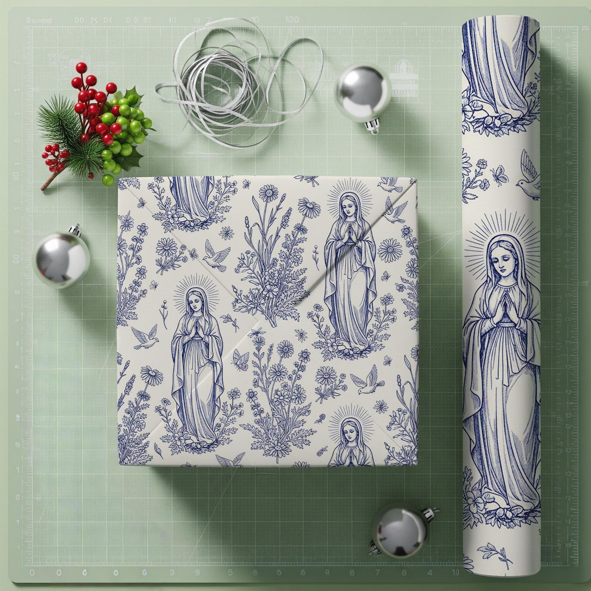 Virgin Mary Wrapping Paper Roll, Blue White Floral Catholic Pattern, Dove Botanical Line Art image 2