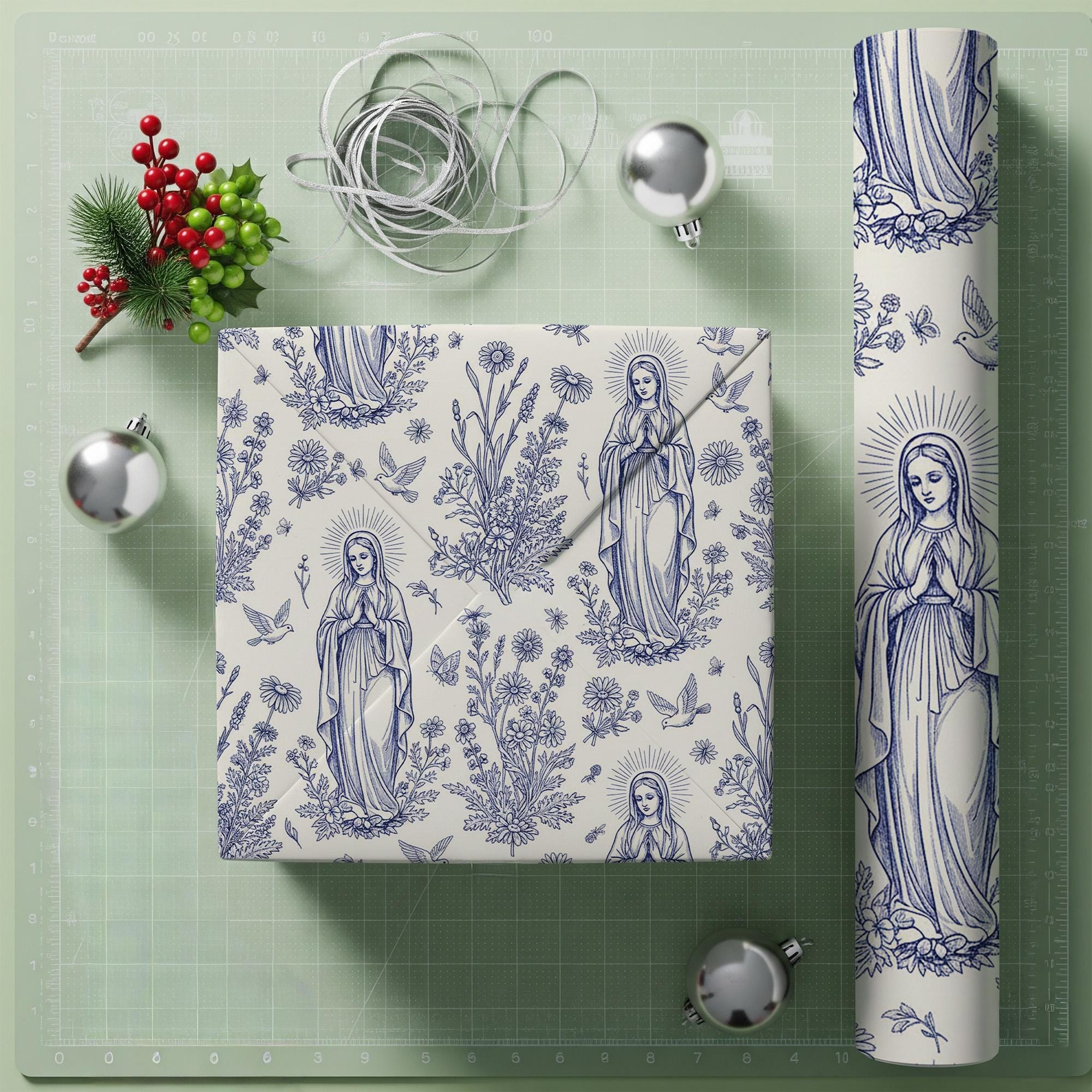 Virgin Mary Wrapping Paper Roll, Blue White Floral Catholic Pattern, Dove Botanical Line Art image 2
