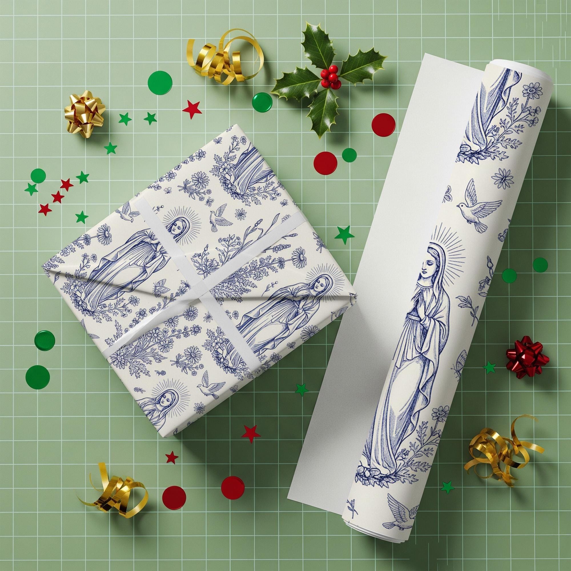 Virgin Mary Wrapping Paper Roll, Blue White Floral Catholic Pattern, Dove Botanical Line Art image 4