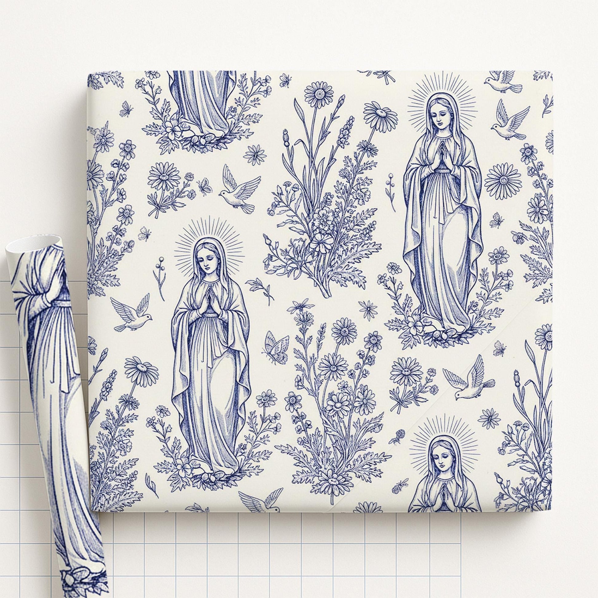 Virgin Mary Wrapping Paper Roll, Blue White Floral Catholic Pattern, Dove Botanical Line Art image 1