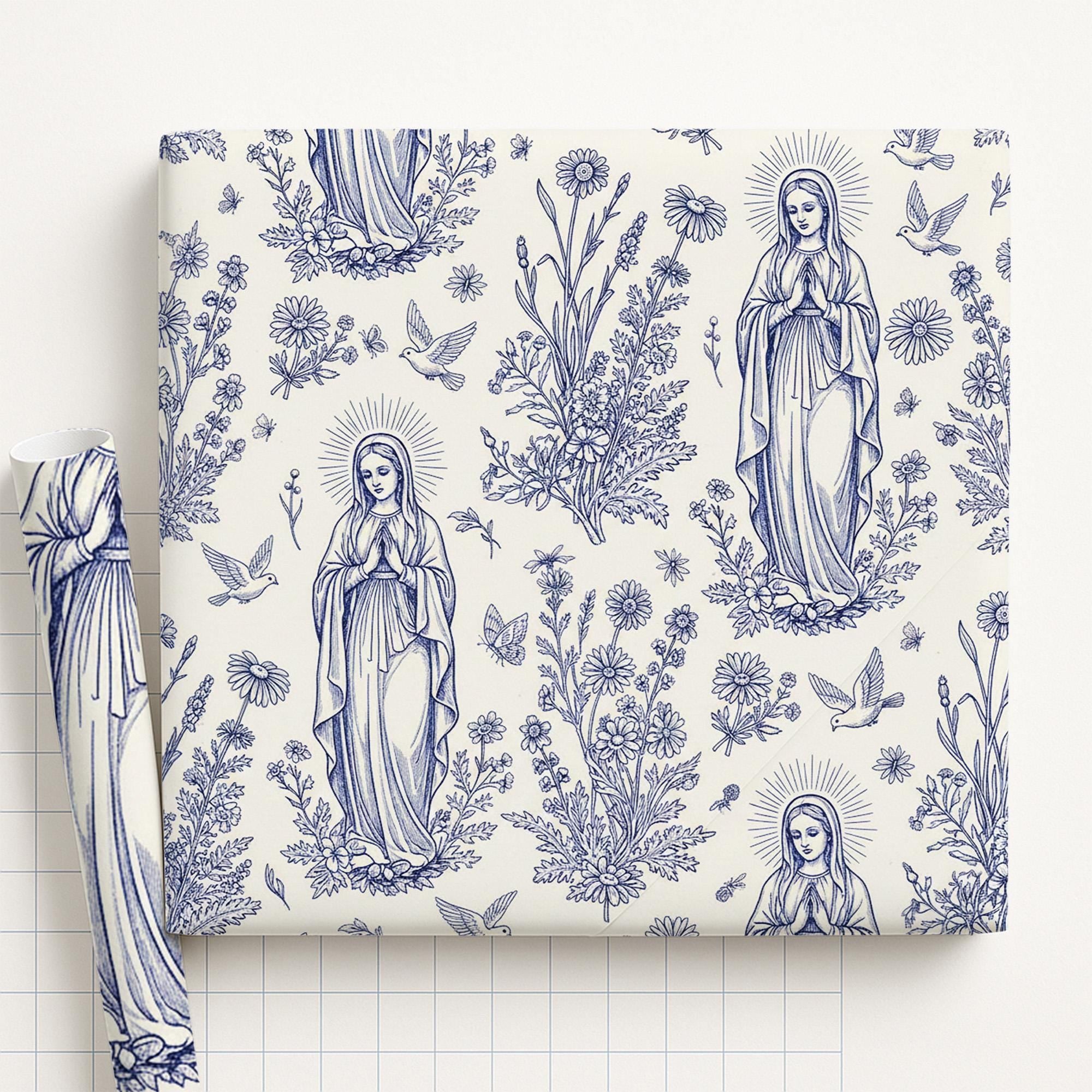 Virgin Mary Wrapping Paper Roll, Blue White Floral Catholic Pattern, Dove Botanical Line Art image 1