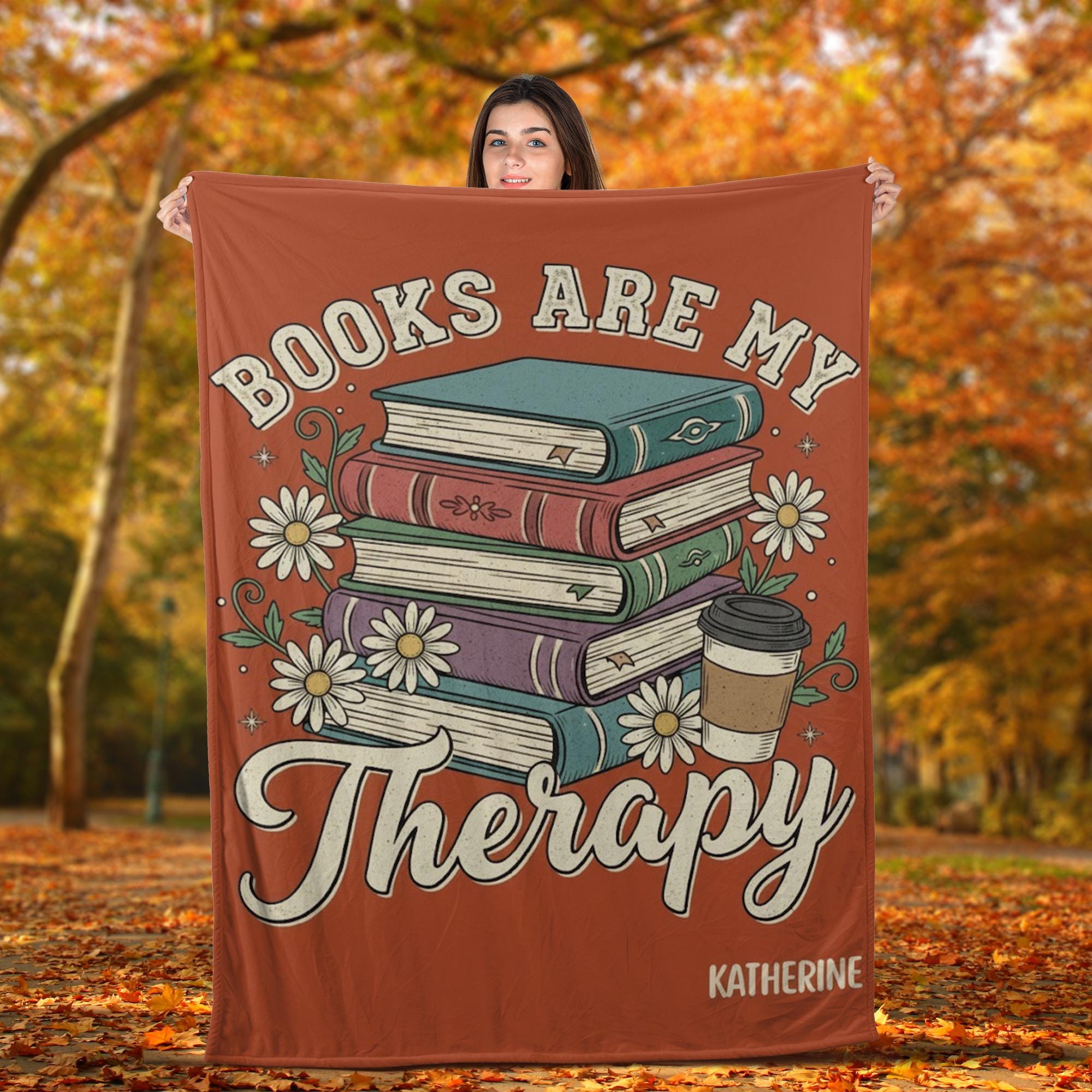 Custom Book Lover Fleece Blanket, Personalized Name, Books Are My Therapy Reading Print image 1