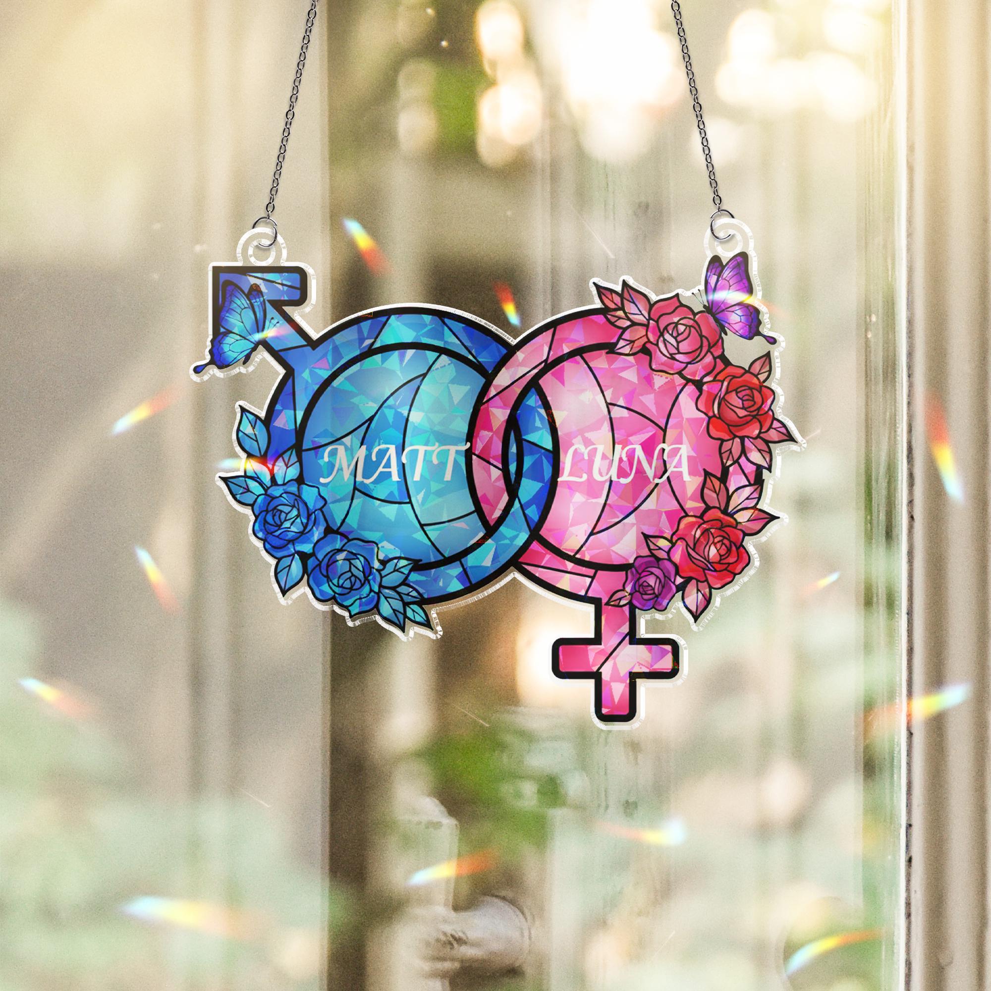 Personalized Acrylic Suncatcher: Interlocking Gender Symbols with Butterfly and Rose Accents image 1