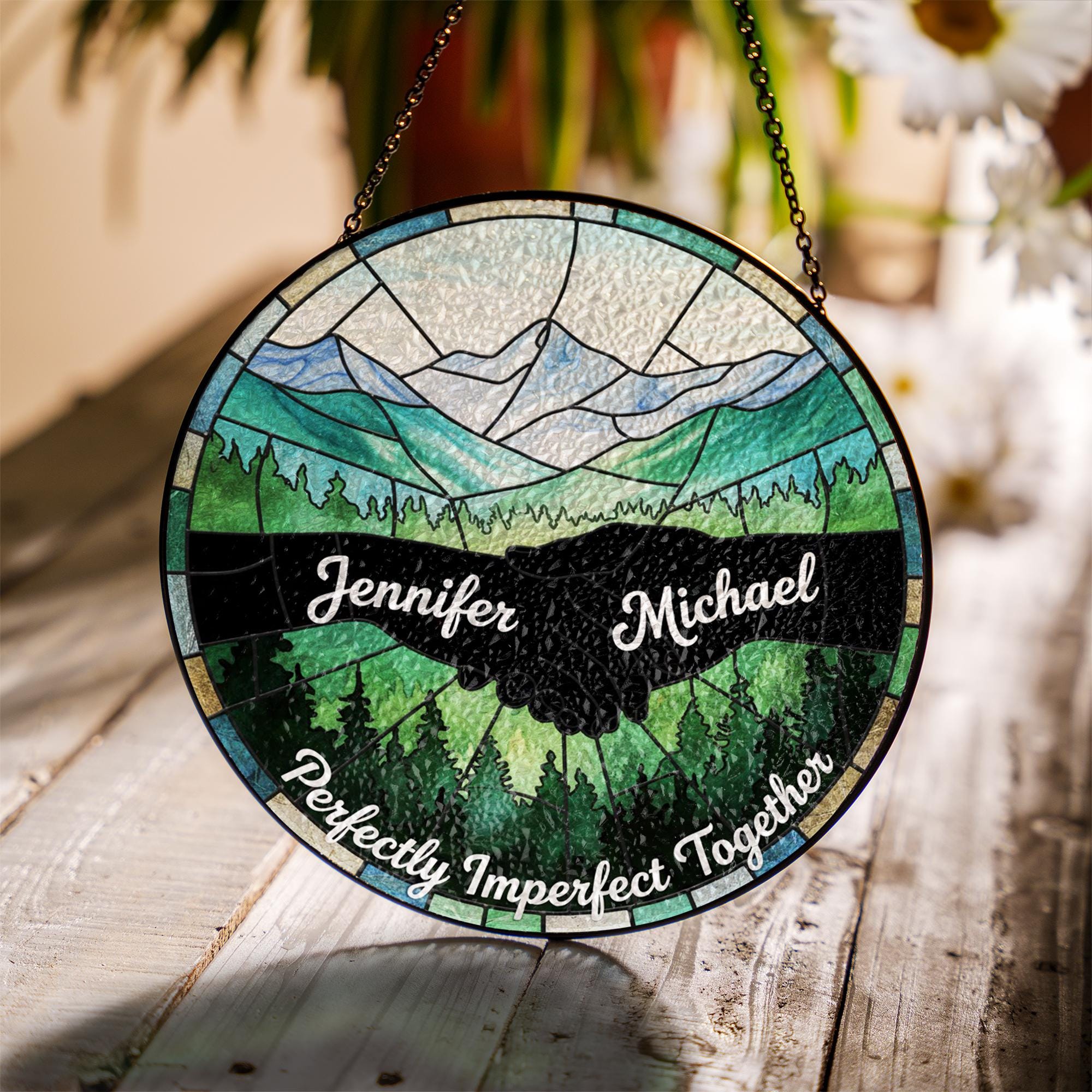 Personalized Glass Suncatcher: Nature Scene with Mountains, Forest, and Unity Hands image 1