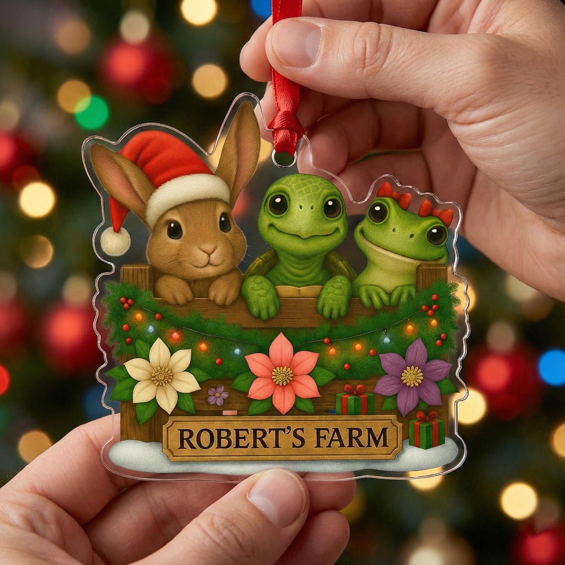 Personalized Christmas Ornament: Farm Animal Design, Bunny Turtle Frog Illustration, Custom Name Decoration image 3