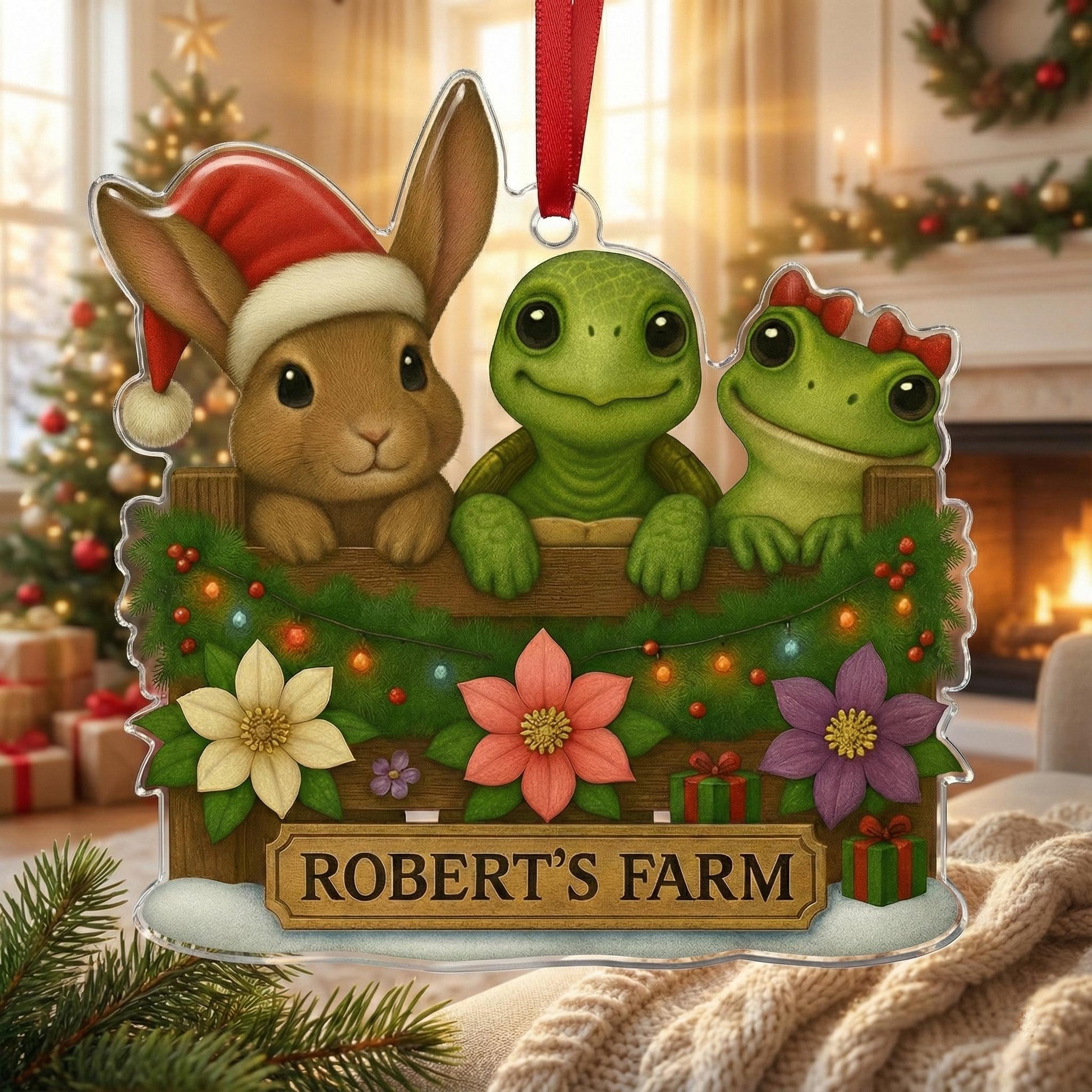 Personalized Christmas Ornament: Farm Animal Design, Bunny Turtle Frog Illustration, Custom Name Decoration image 1