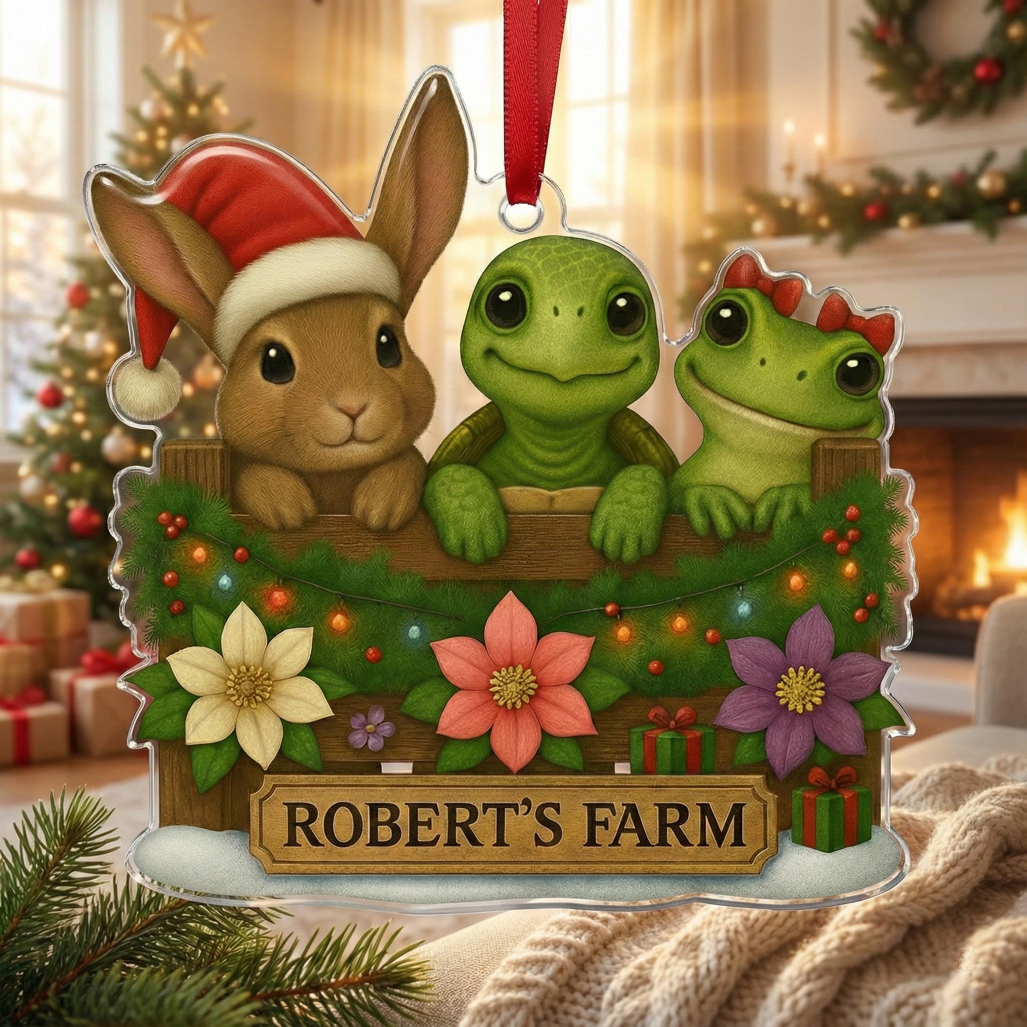 Personalized Christmas Ornament: Farm Animal Design, Bunny Turtle Frog Illustration, Custom Name Decoration image 1