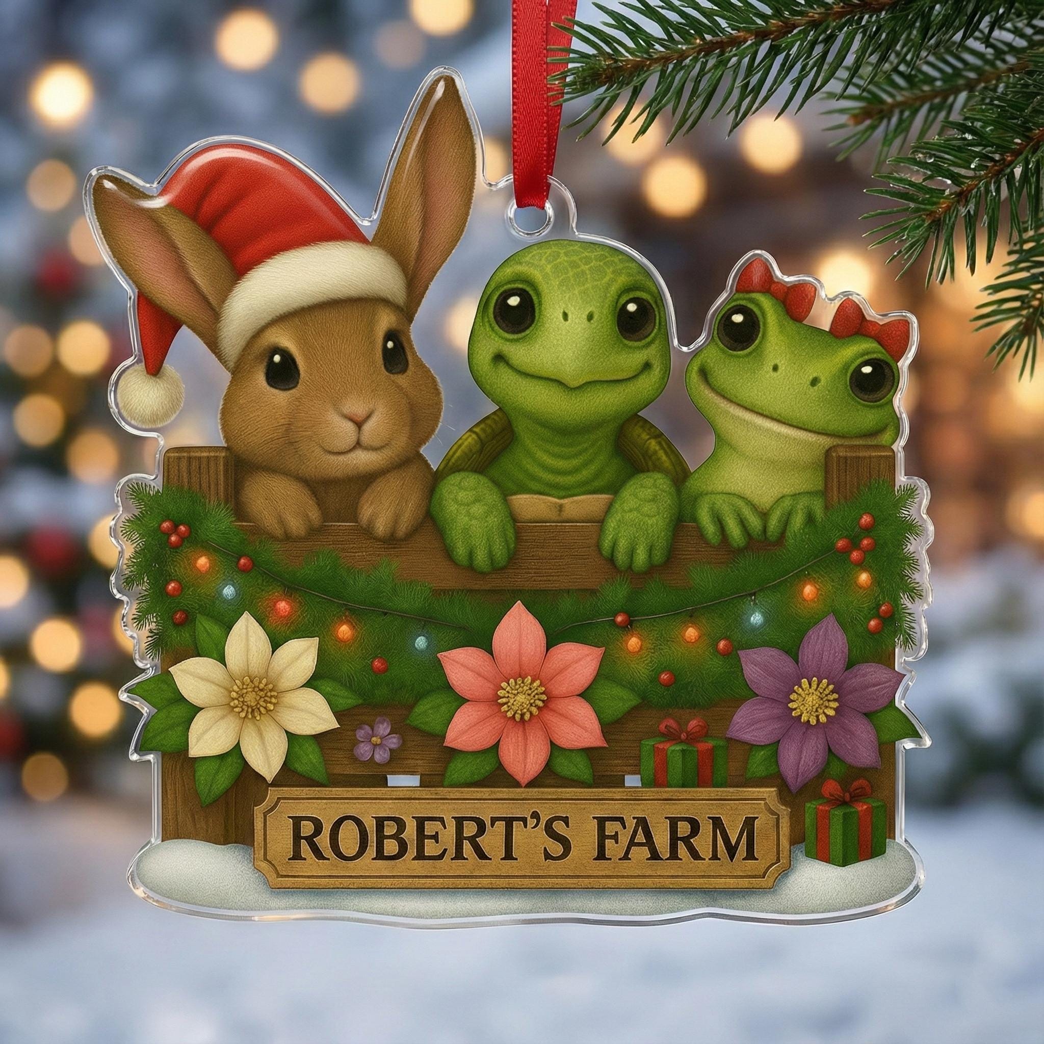 Personalized Christmas Ornament: Farm Animal Design, Bunny Turtle Frog Illustration, Custom Name Decoration image 2