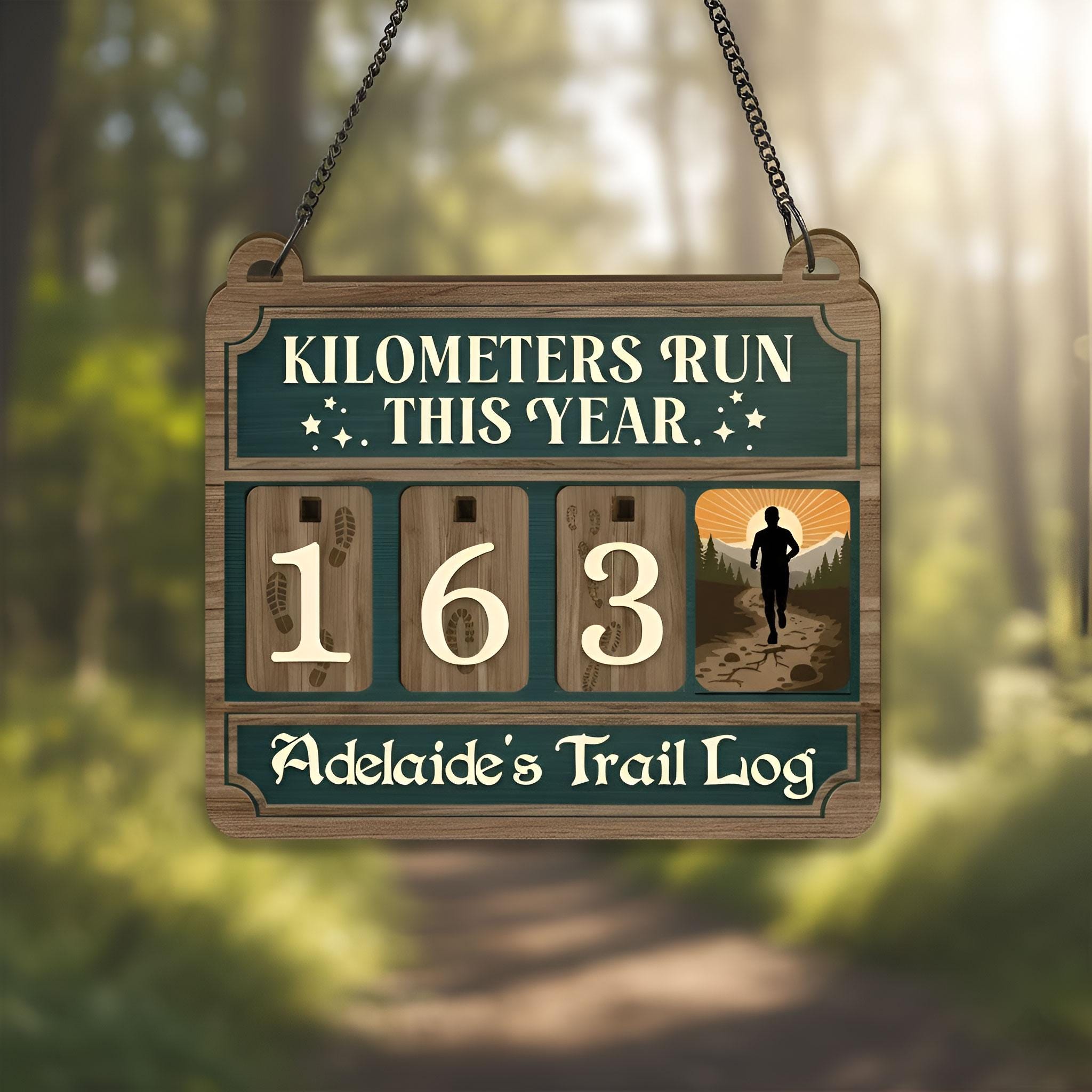 Personalized Wood Counter: Kilometers Run Tracker, Trail Running Log Sign image 1
