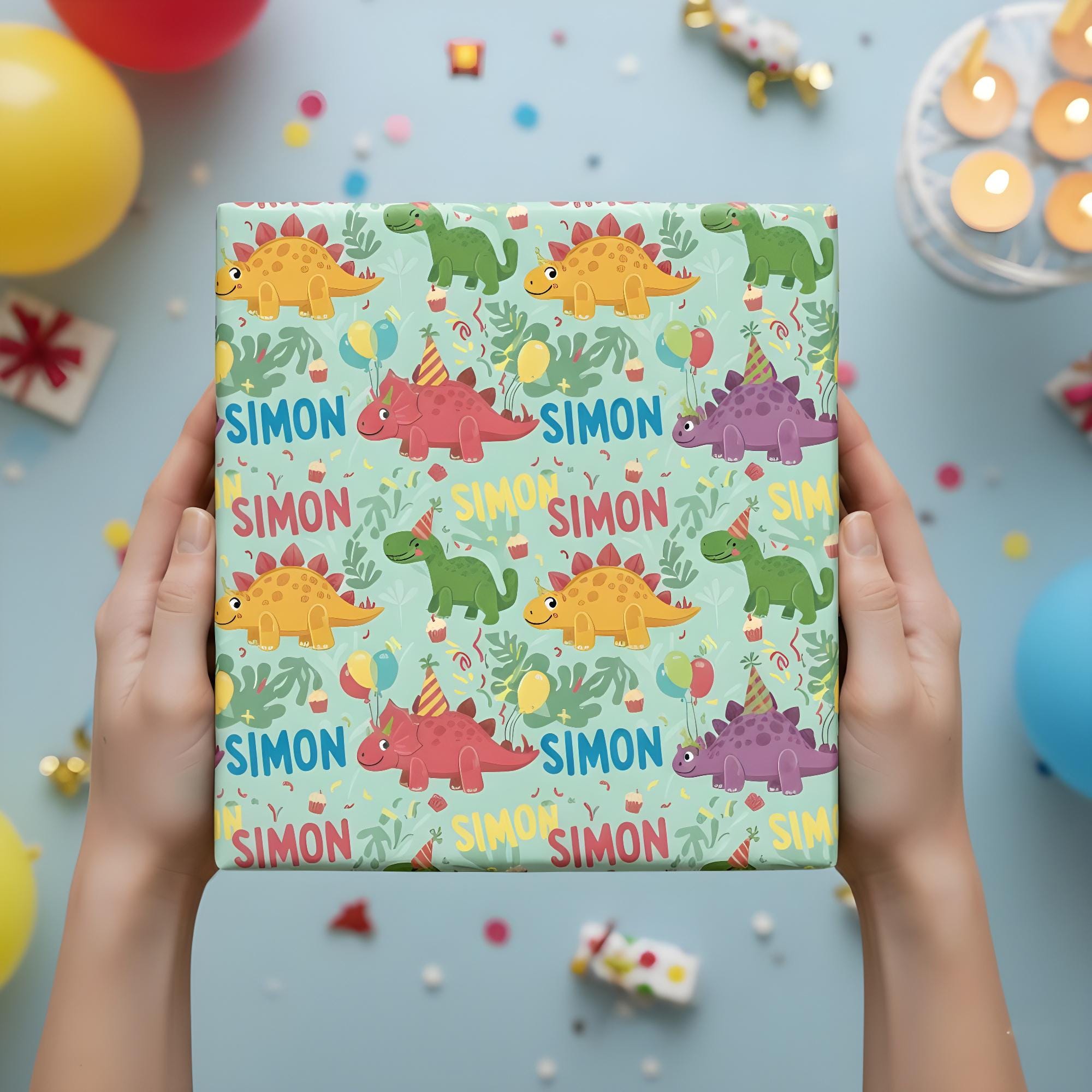 Custom Kids Dinosaur Wrapping Paper: Personalized Name Dino Gift Wrap image 1
