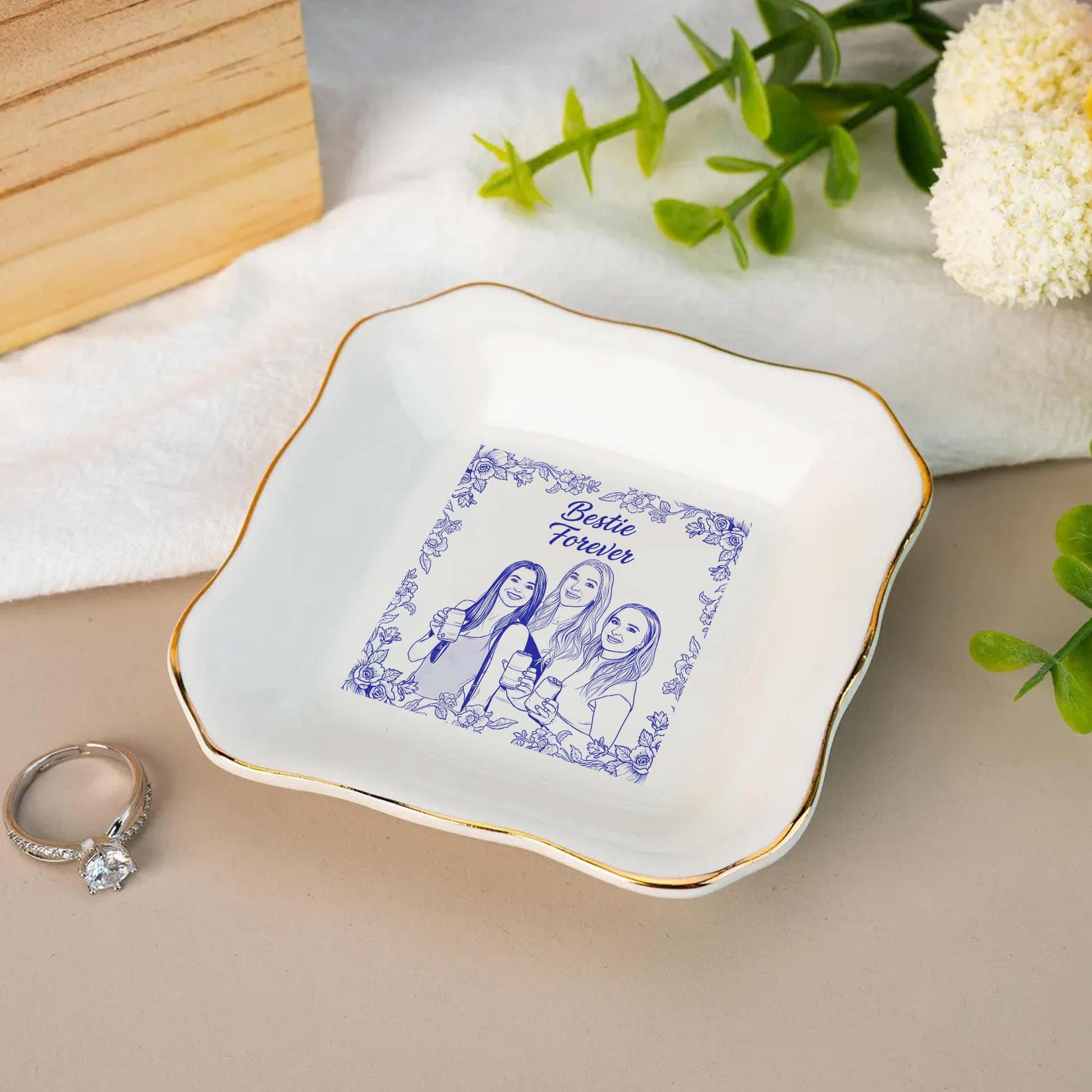 Custom Ceramic Jewelry Tray, Personalized Friend Portrait Trinket Dish, Floral Ring Holder image 5