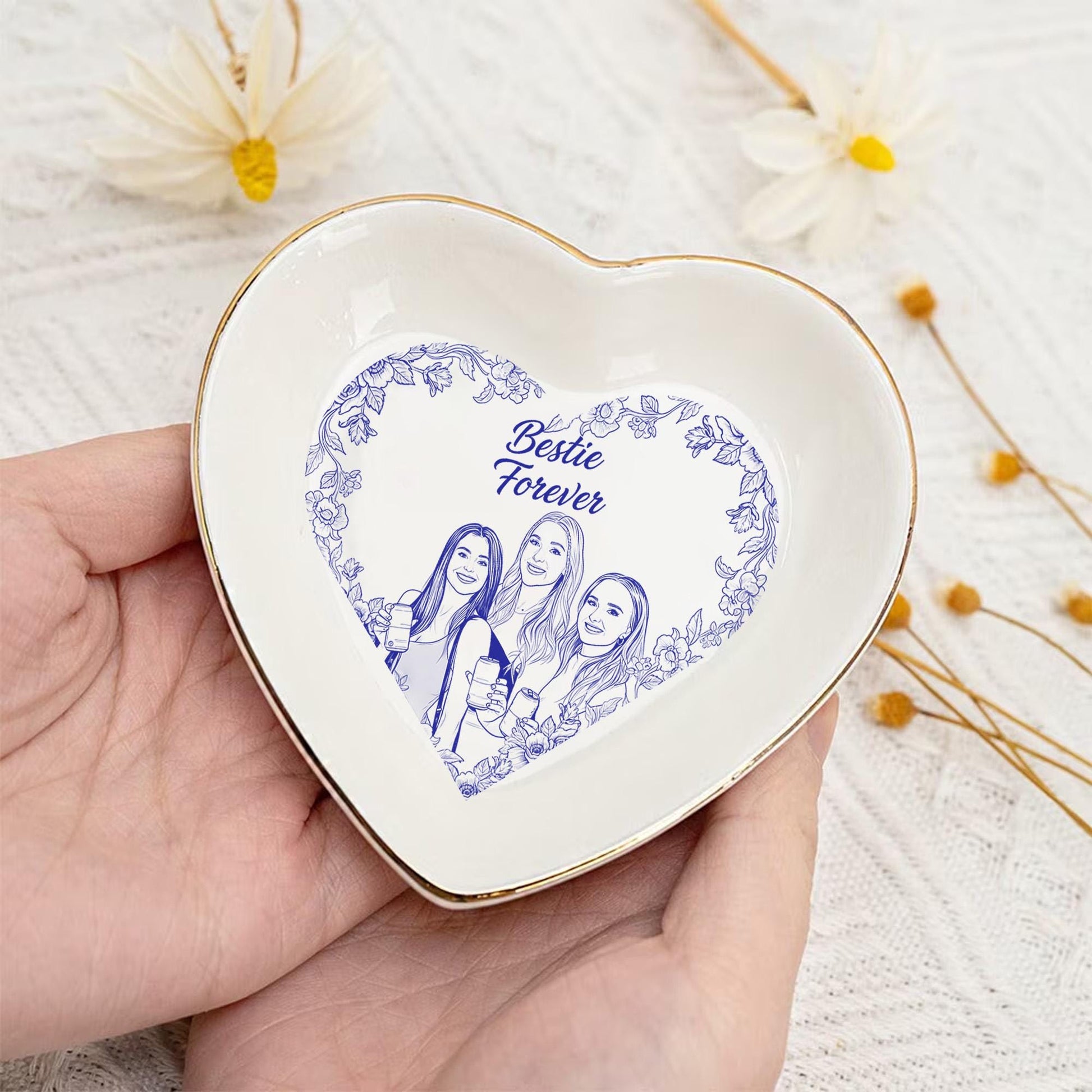 Custom Ceramic Jewelry Tray, Personalized Friend Portrait Trinket Dish, Floral Ring Holder image 3