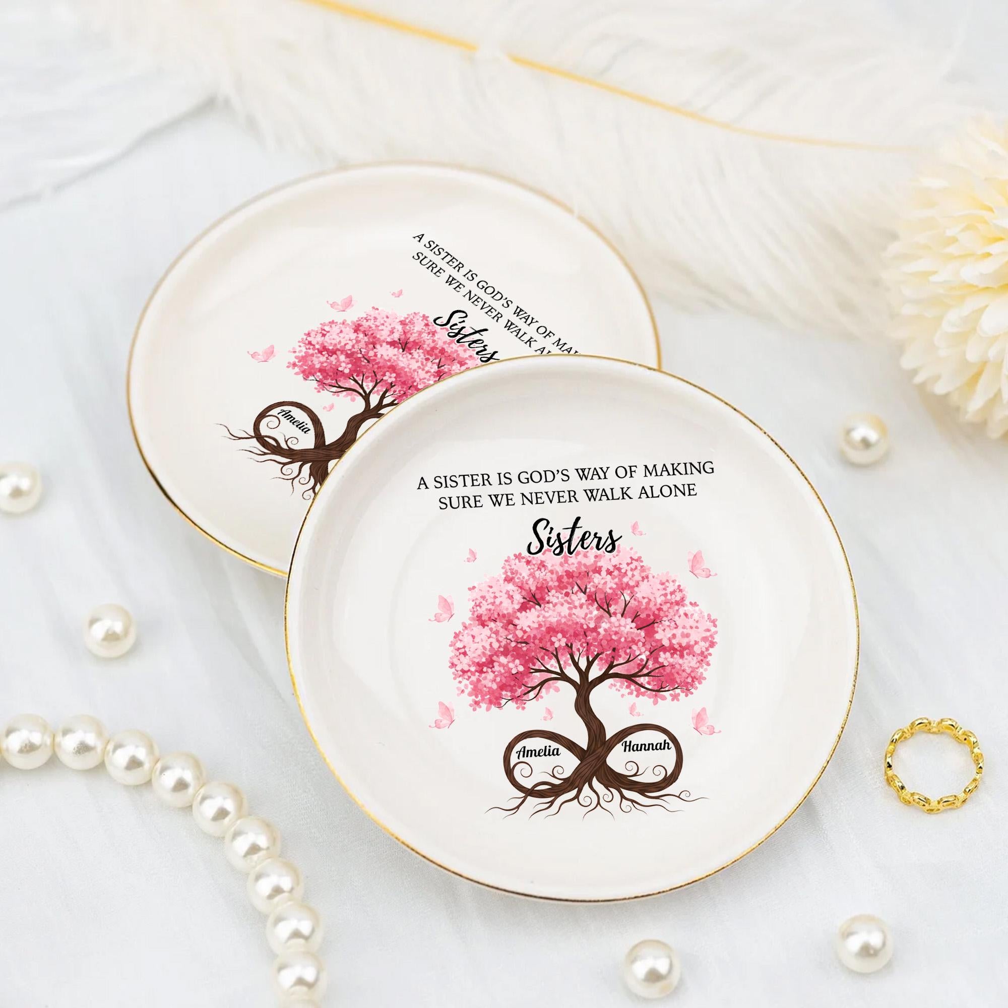 Custom Ceramic Jewelry Tray, Sister Tree Design Trinket Dish, Personalized Name Ring Holder image 1