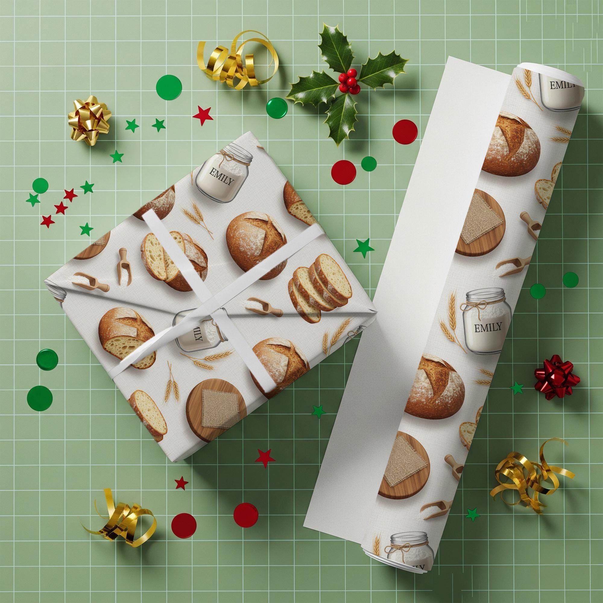 Custom Wrapping Paper Roll, Personalized Name Bakery Print, Sourdough Bread Pattern image 2