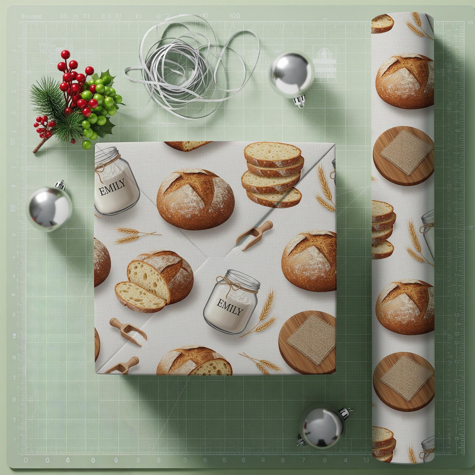 Custom Wrapping Paper Roll, Personalized Name Bakery Print, Sourdough Bread Pattern image 1