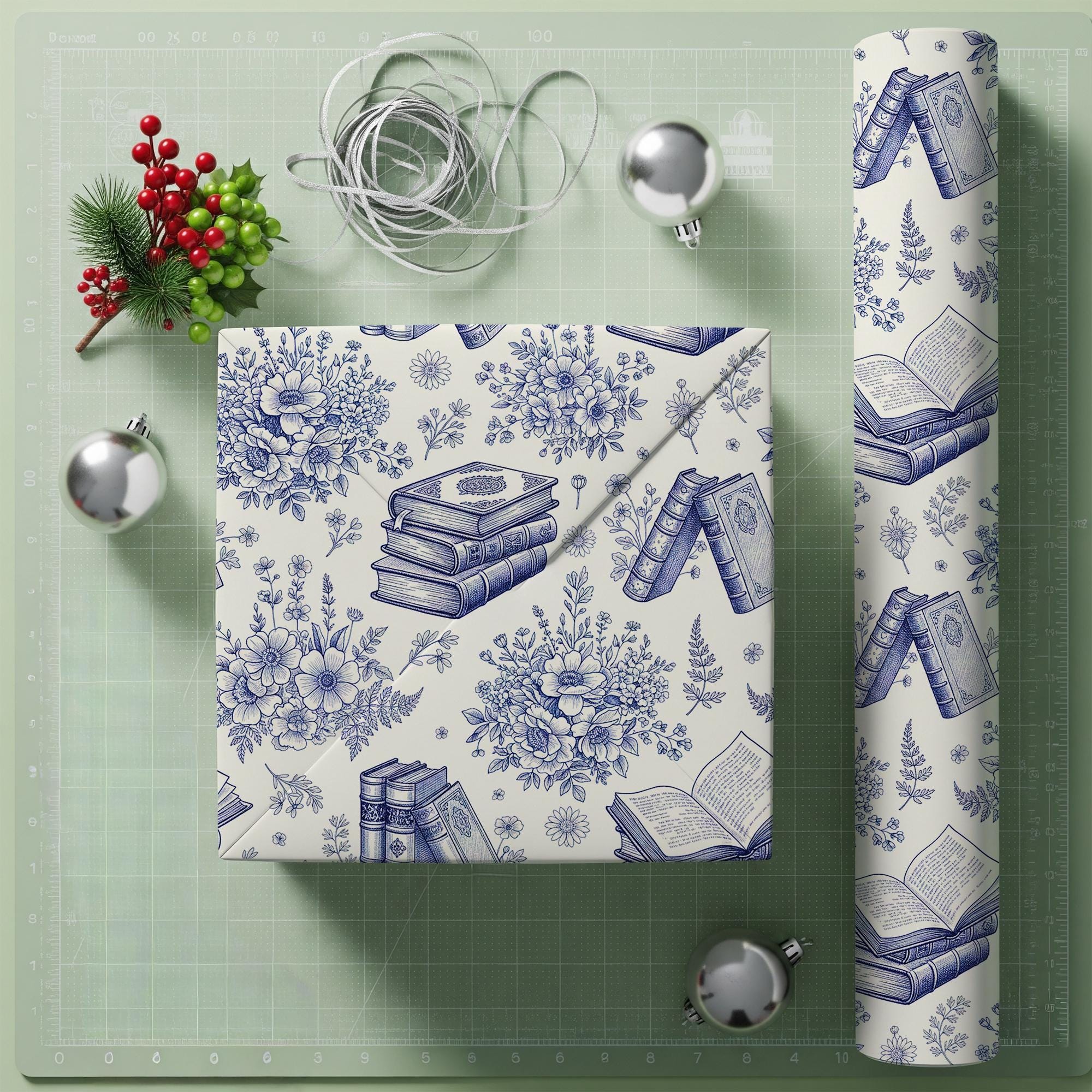 Wrapping Paper Roll, Blue Toile de Jouy Book Floral Pattern, Library Botanical Print image 2