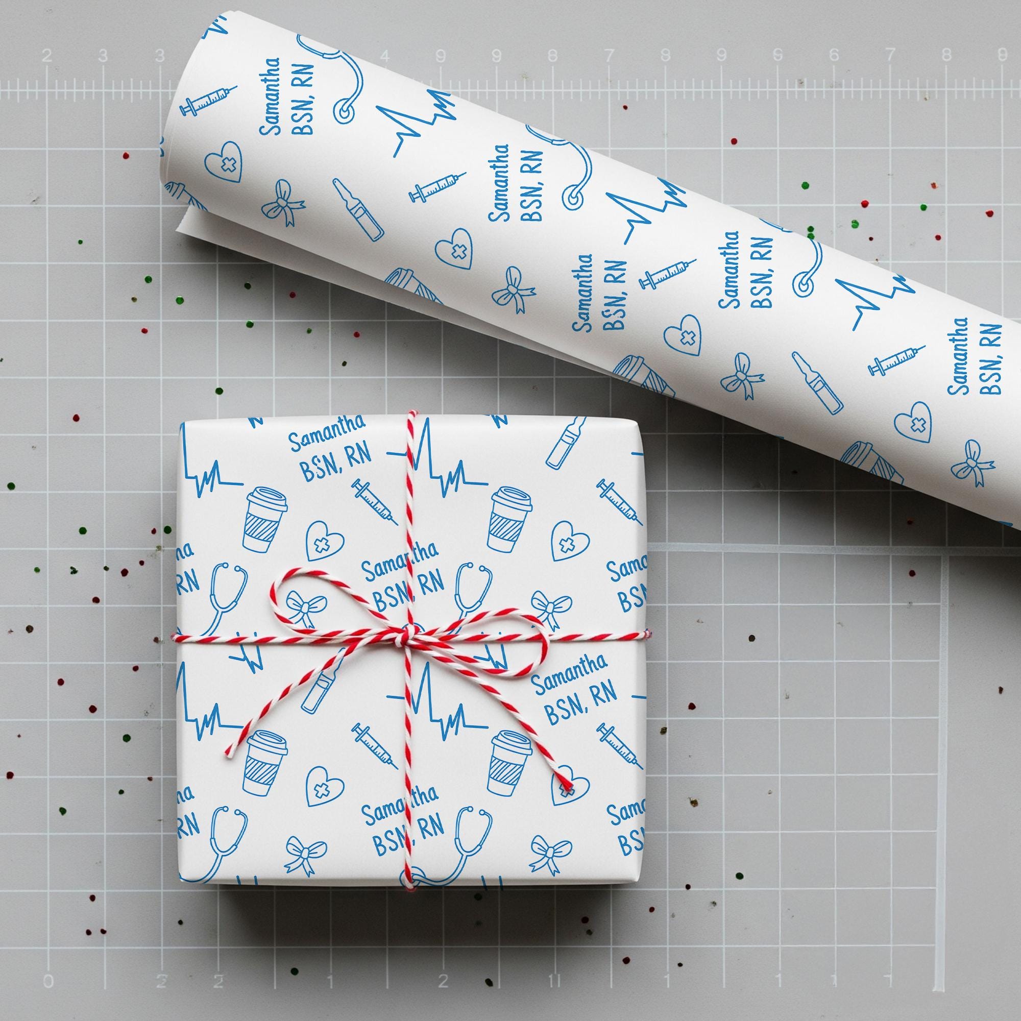Nurse Wrapping Paper Roll, Personalized Nurse Name Print, Medical Icon Pattern image 1