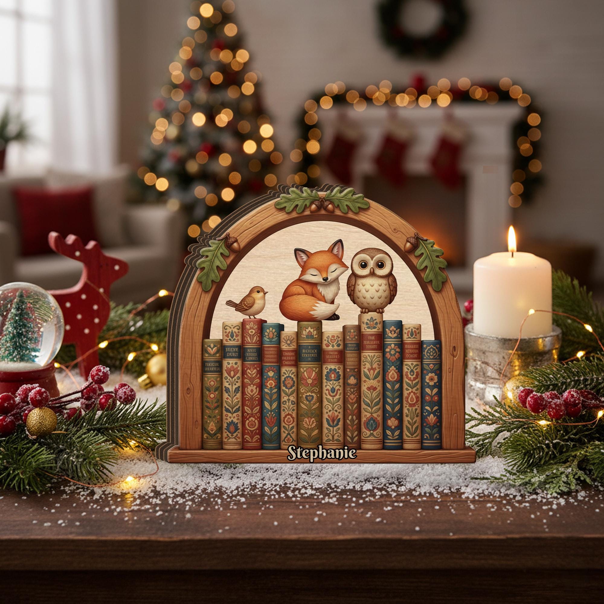 Personalized Wooden Block, Woodland Book Stack, Fox Owl Bird, Custom Name Shelf Decor image 2