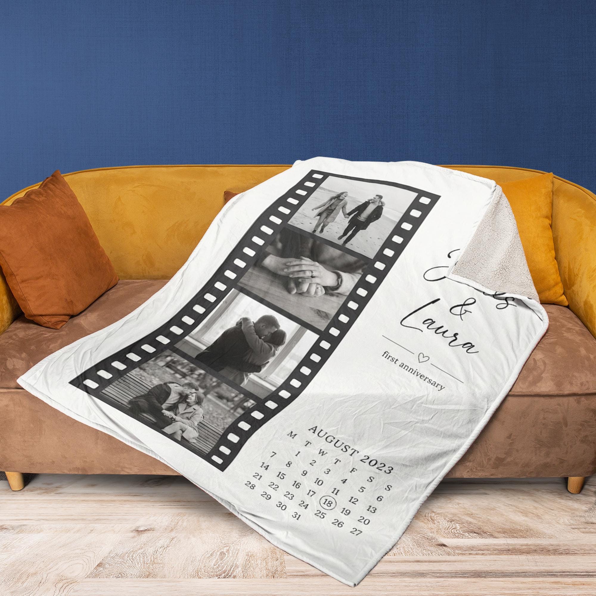 Personalized Couple Photo Blanket: Filmstrip Layout, Calendar Highlight, Black-and-White Images image 2