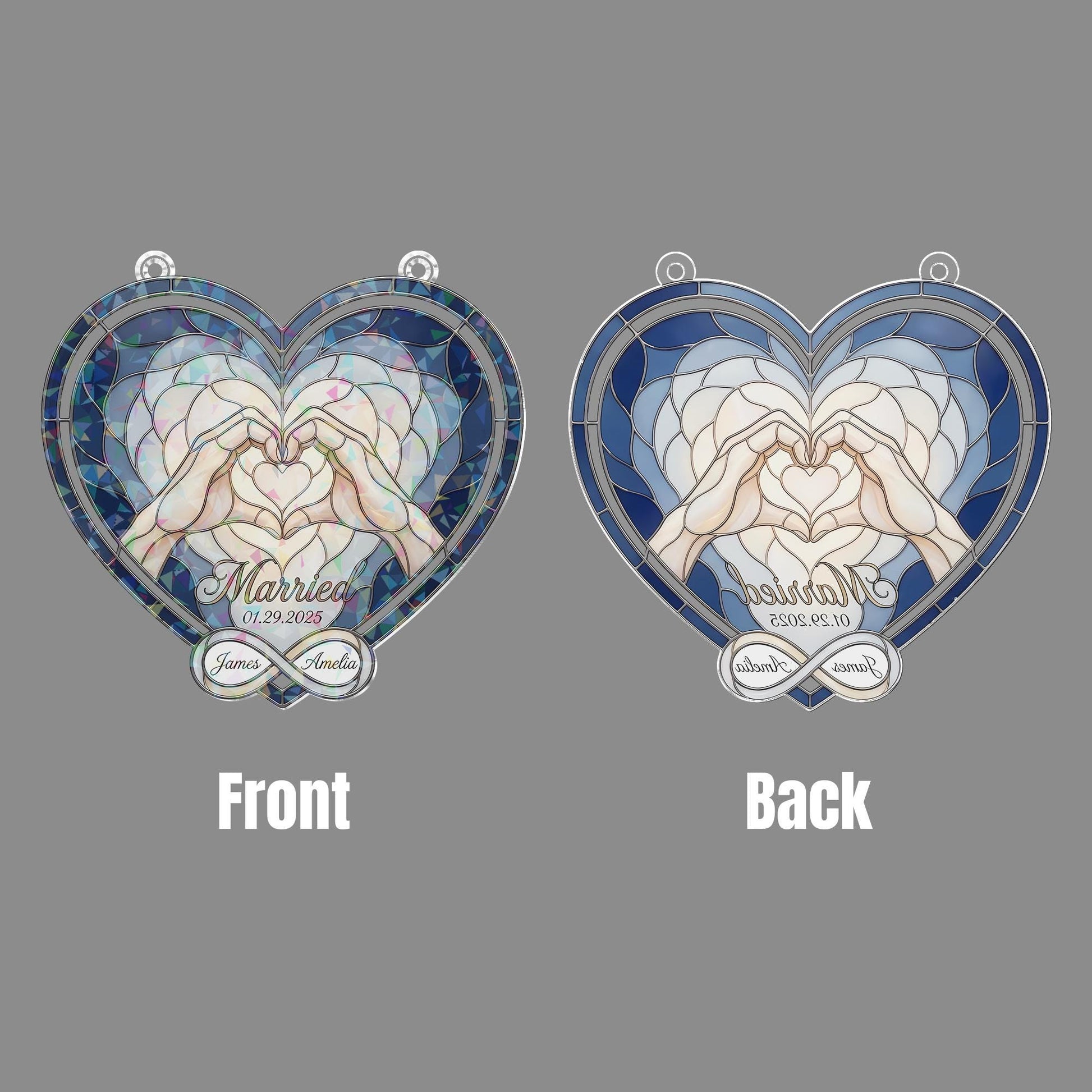 Holographic Acrylic Suncatcher: Heart Hands Design, Wedding Date, Interlocked Rings image 5