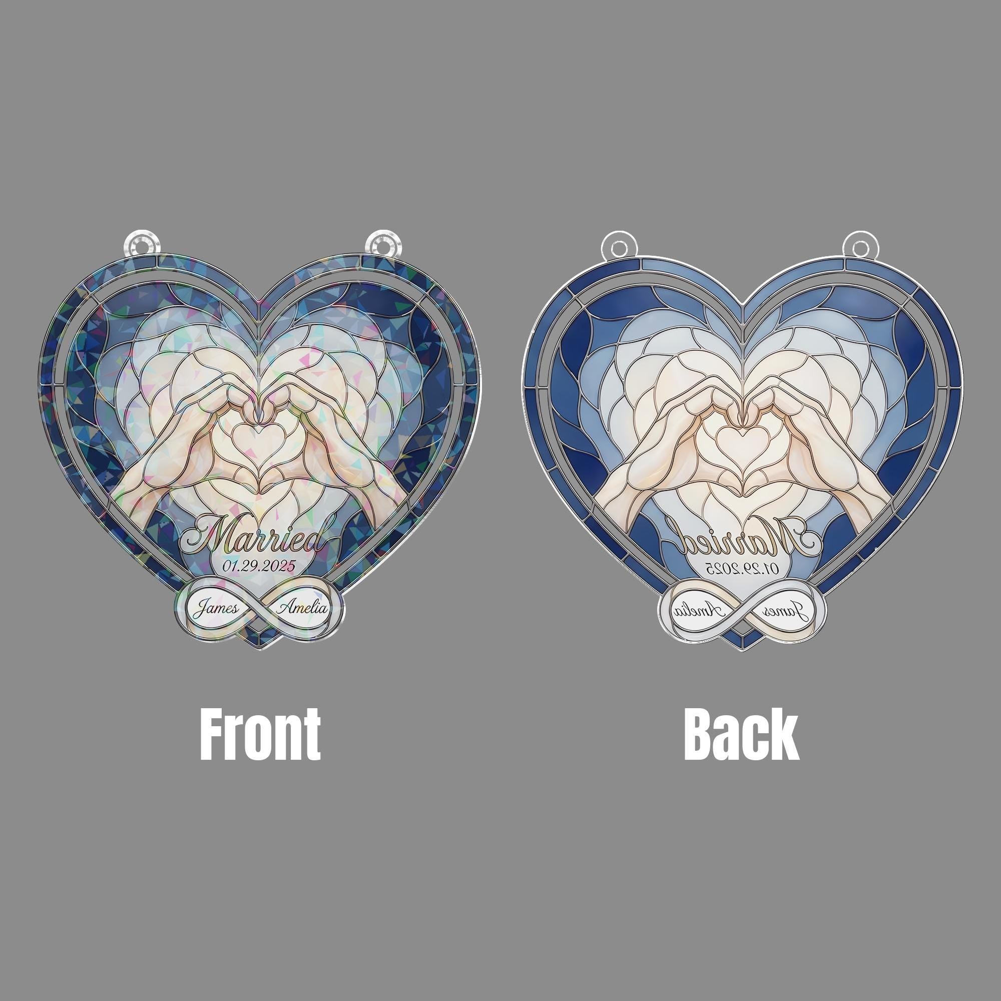 Holographic Acrylic Suncatcher: Heart Hands Design, Wedding Date, Interlocked Rings image 5