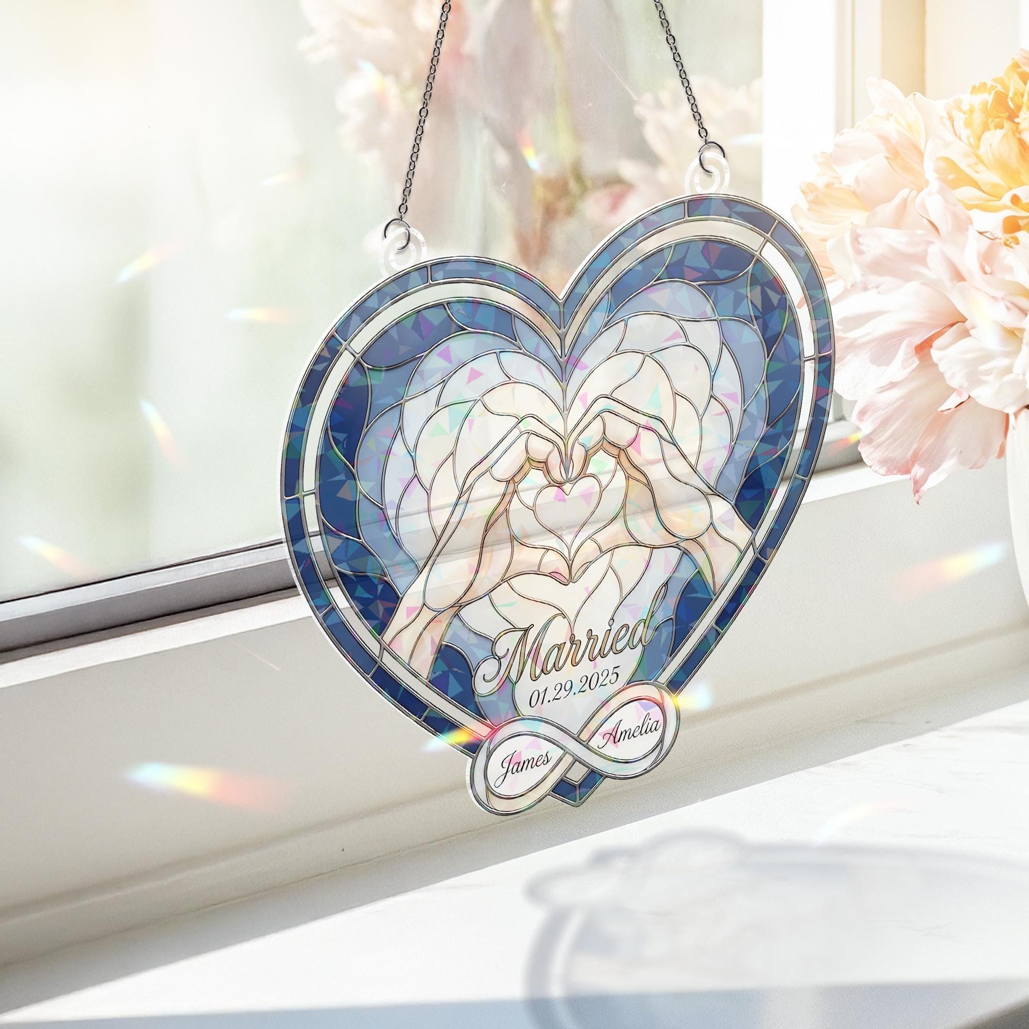 Holographic Acrylic Suncatcher: Heart Hands Design, Wedding Date, Interlocked Rings image 2