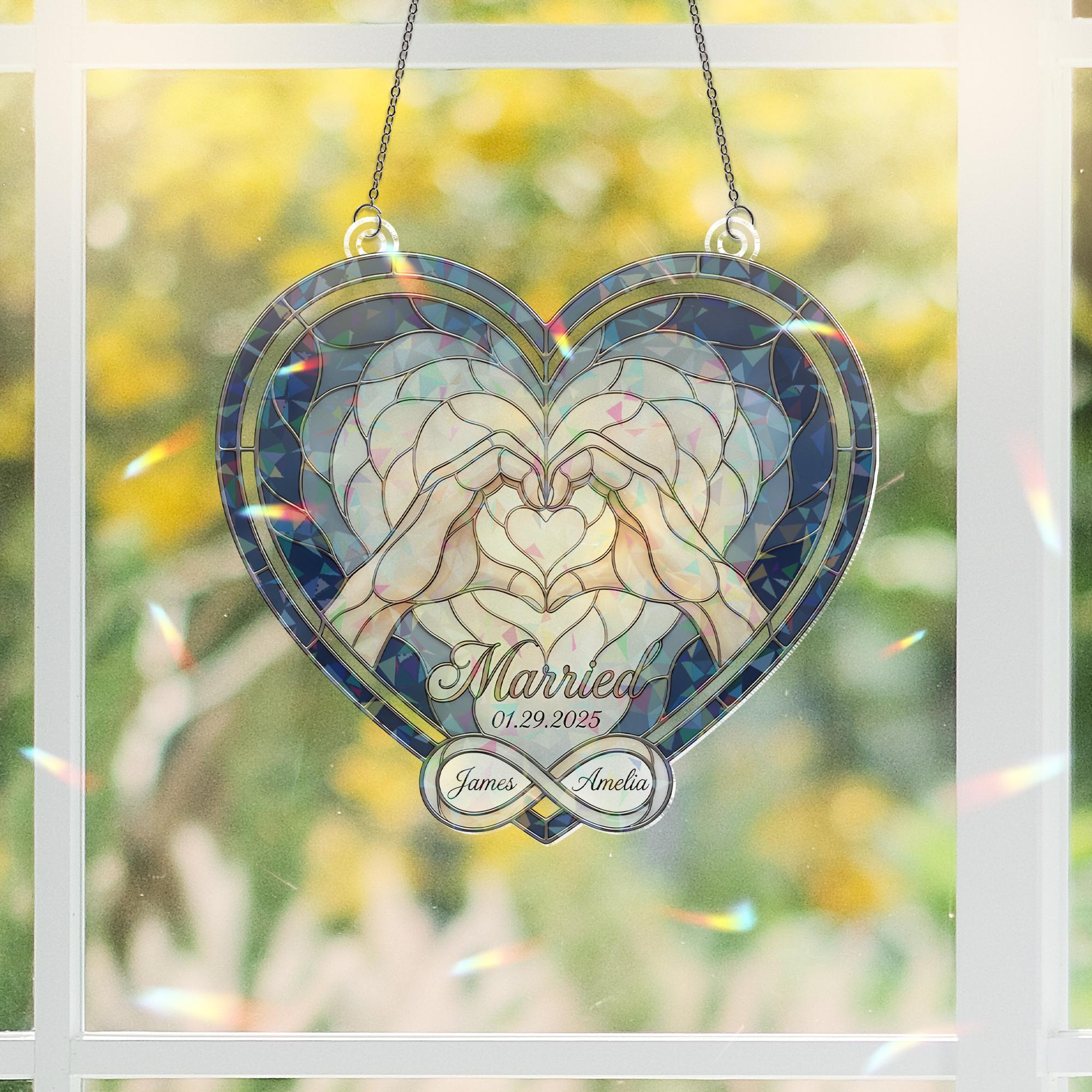 Holographic Acrylic Suncatcher: Heart Hands Design, Wedding Date, Interlocked Rings image 3