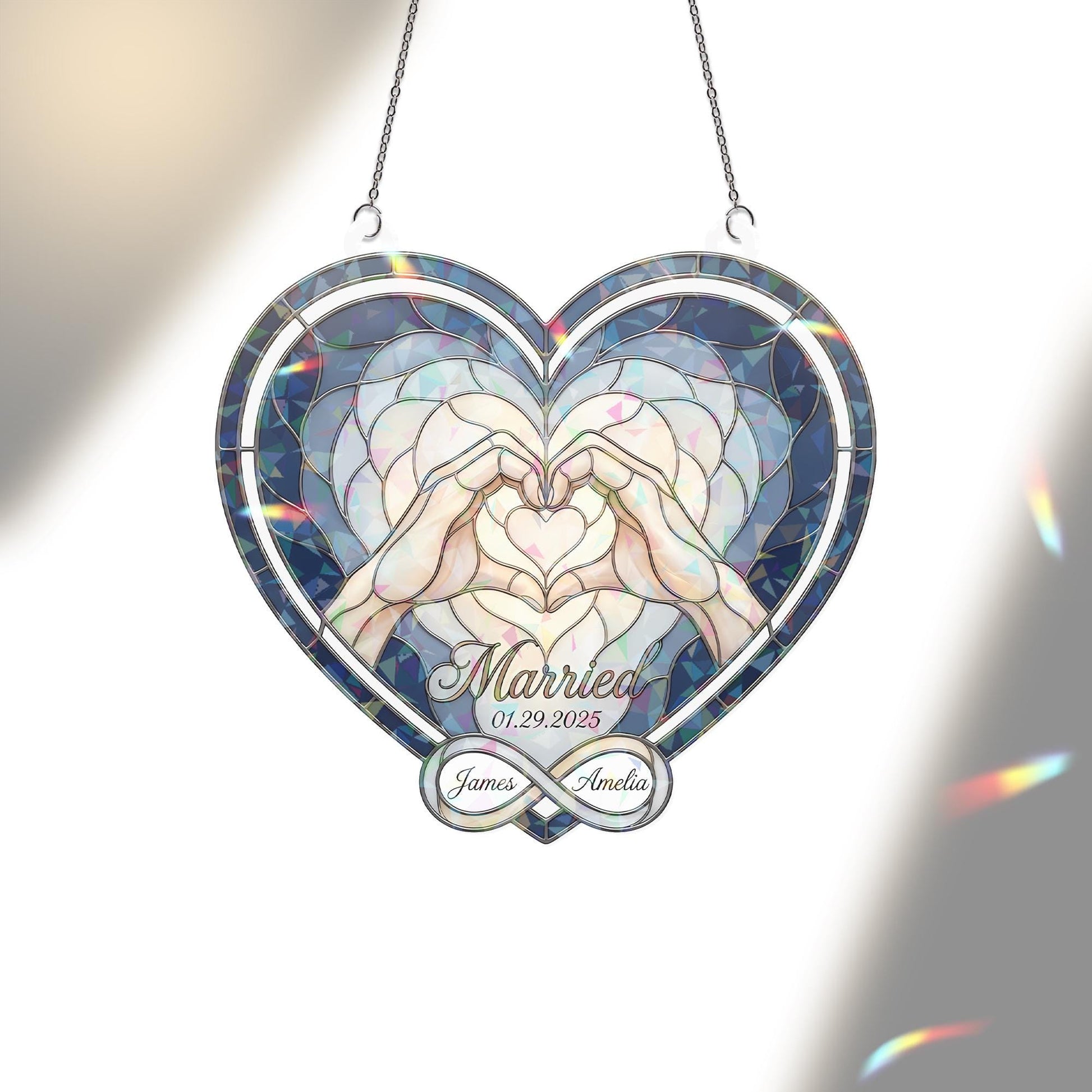 Holographic Acrylic Suncatcher: Heart Hands Design, Wedding Date, Interlocked Rings image 4