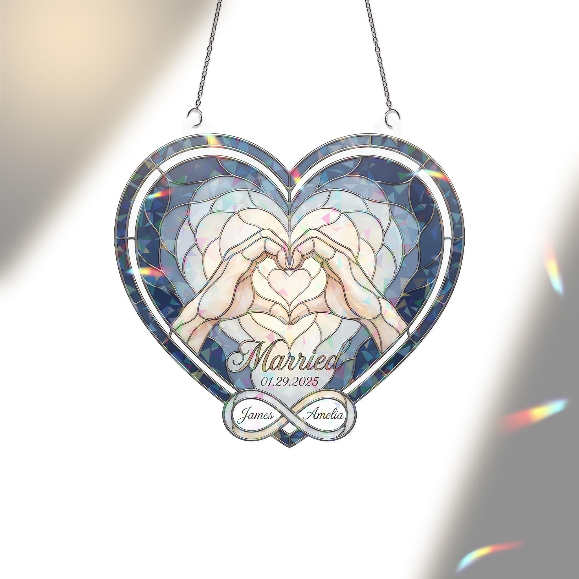 Holographic Acrylic Suncatcher: Heart Hands Design, Wedding Date, Interlocked Rings image 4