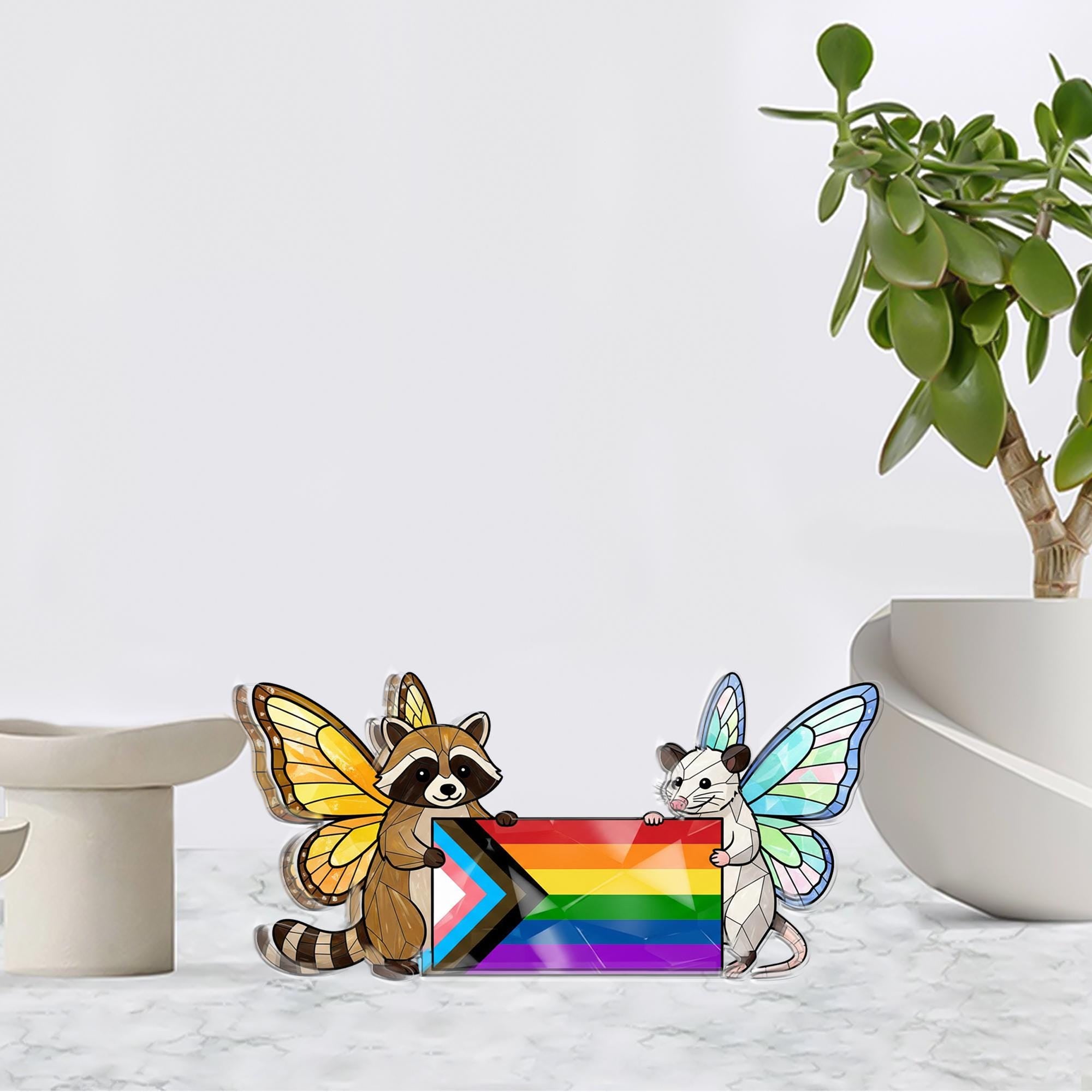 Progress Pride Acrylic Block, Raccoon Opossum Butterfly, LGBTQ+ Rainbow Flag Desk Decor image 2