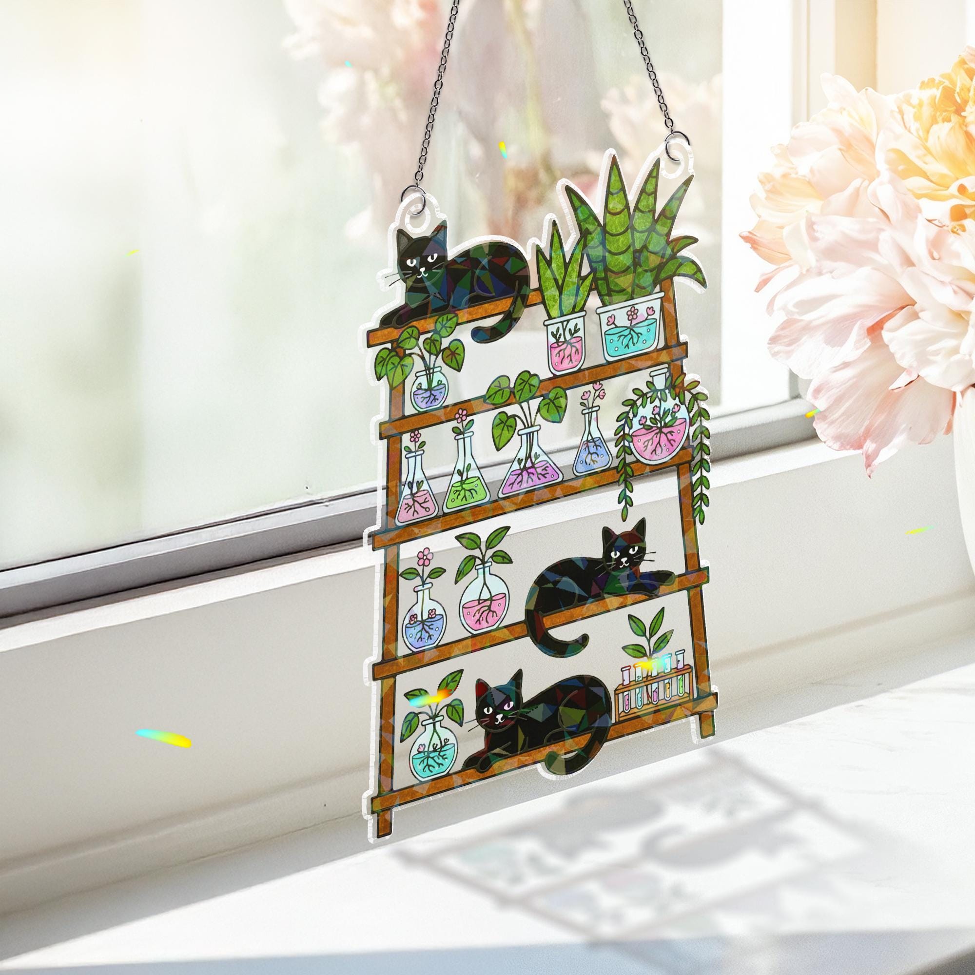 Science Cat Holographic Acrylic Suncatcher: Lab Shelf Window Decor image 2