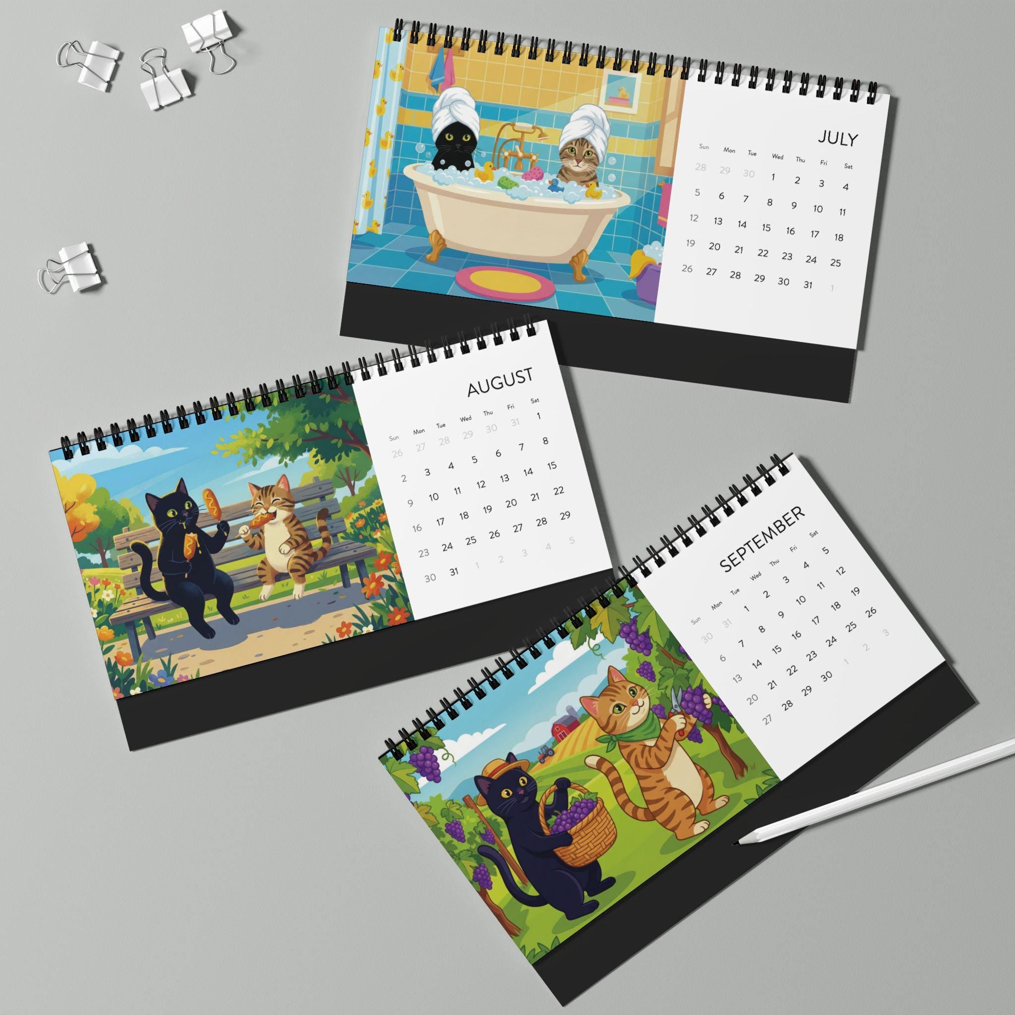 2026 Desk Calendar: Cat Illustration Art, Monthly Spiral Display, Colorful Animal Scenes image 4