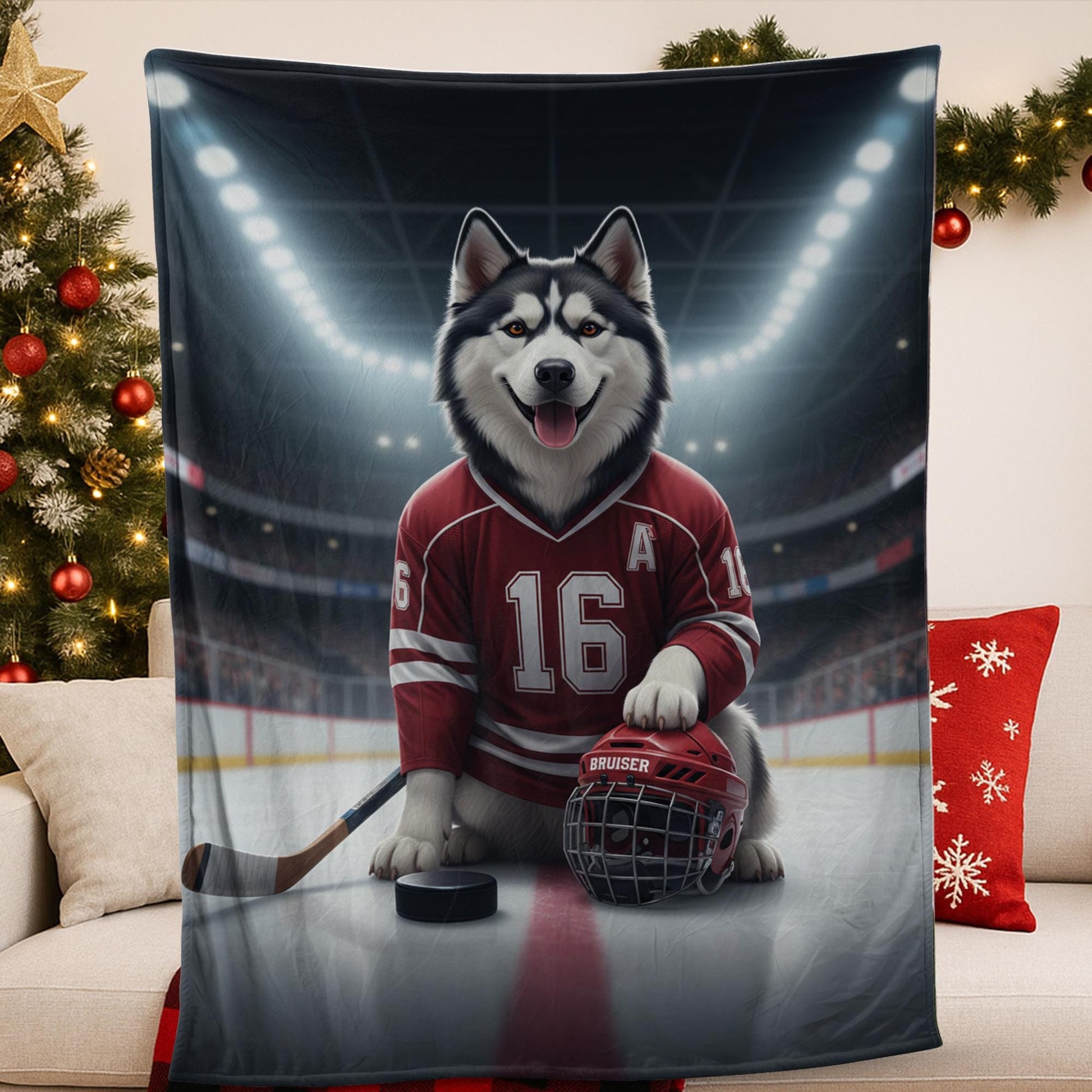 Custom Pet Sports Blanket | Personalized Dog Hockey Fleece Throw | Pet Portrait Stadium Decor image 1