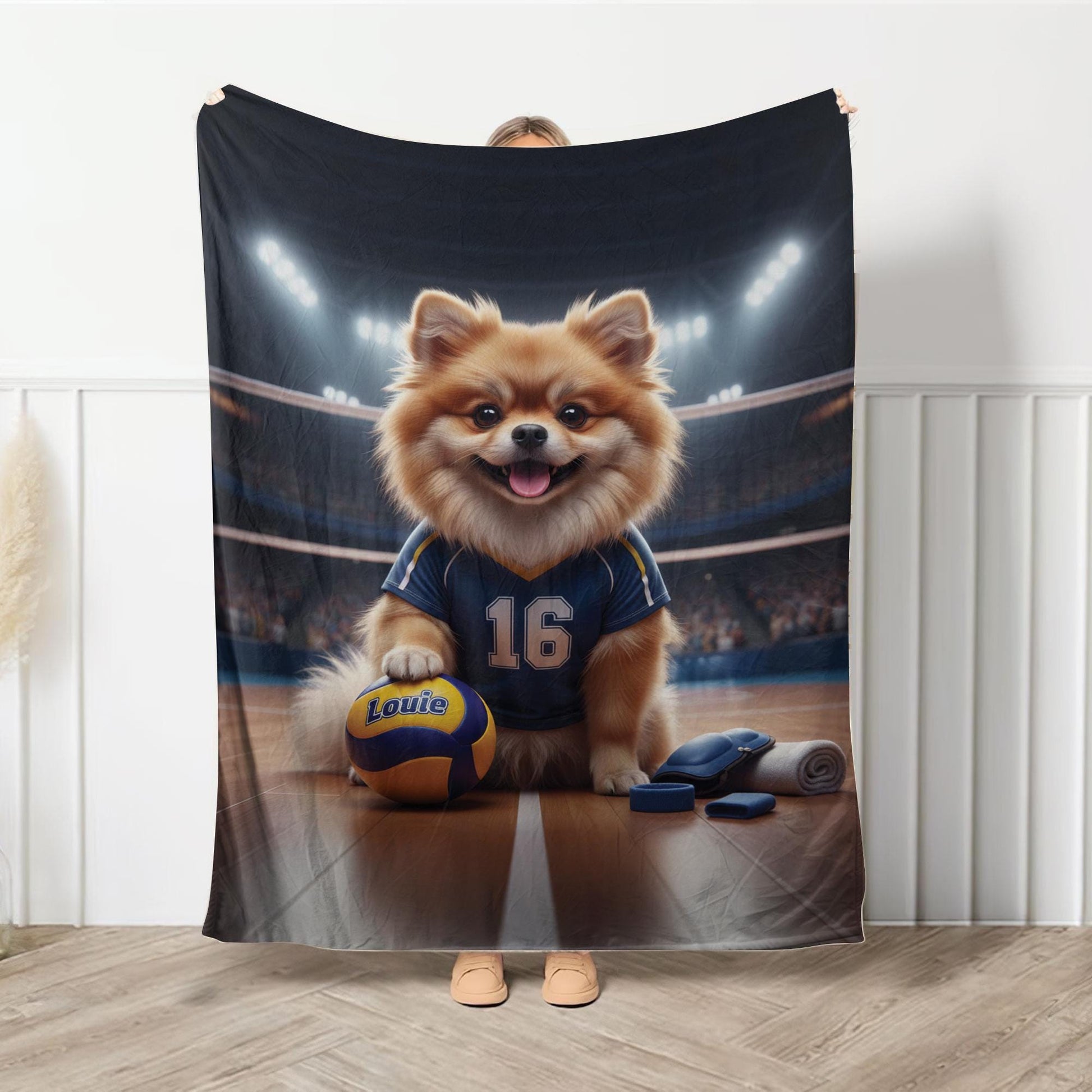 Custom Pet Volleyball Blanket | Personalized Dog Sports Fleece Throw | Pet Portrait Stadium Design image 3