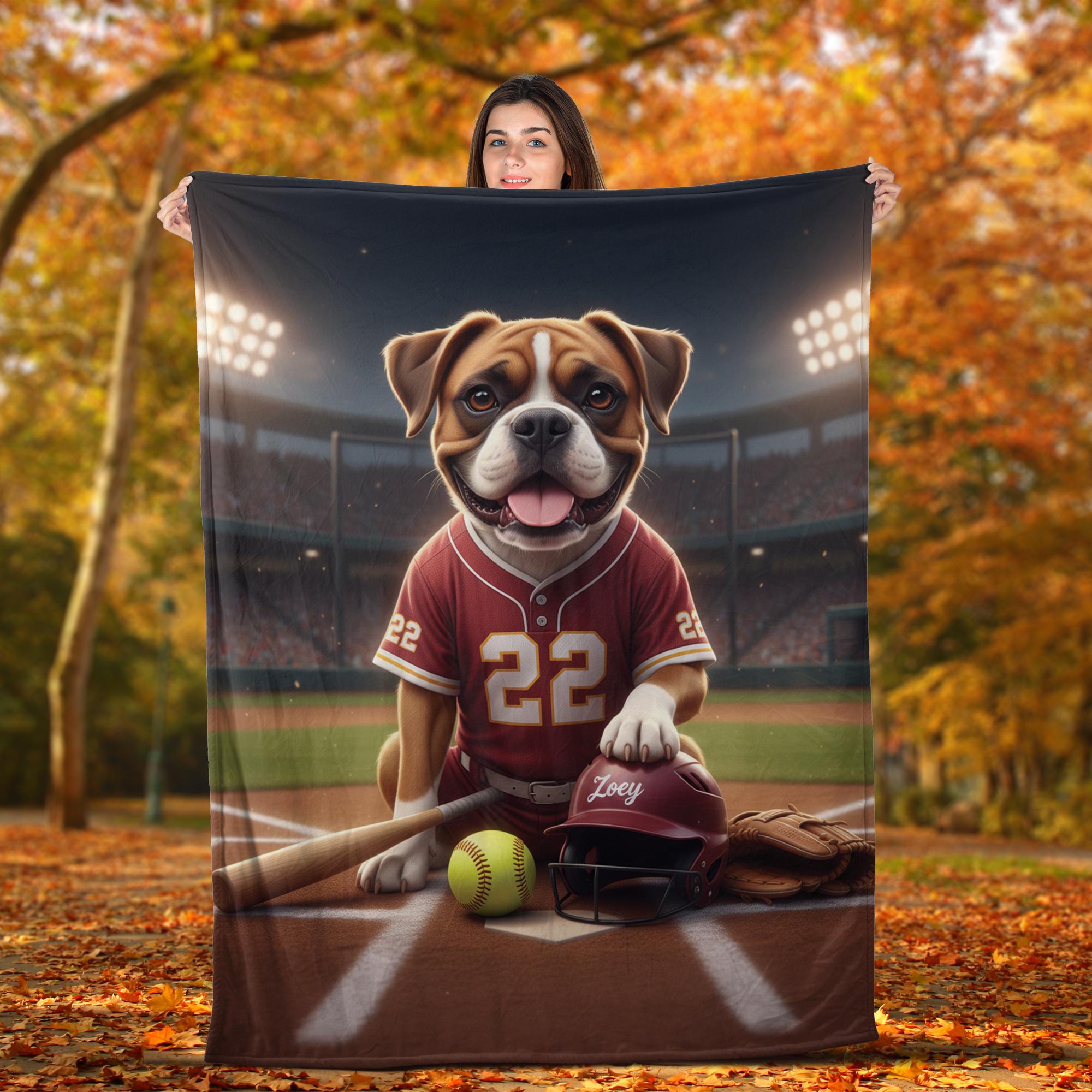 Custom Pet Sports Blanket | Personalized Dog Softball Fleece Throw | Pet Portrait Stadium Decor image 3
