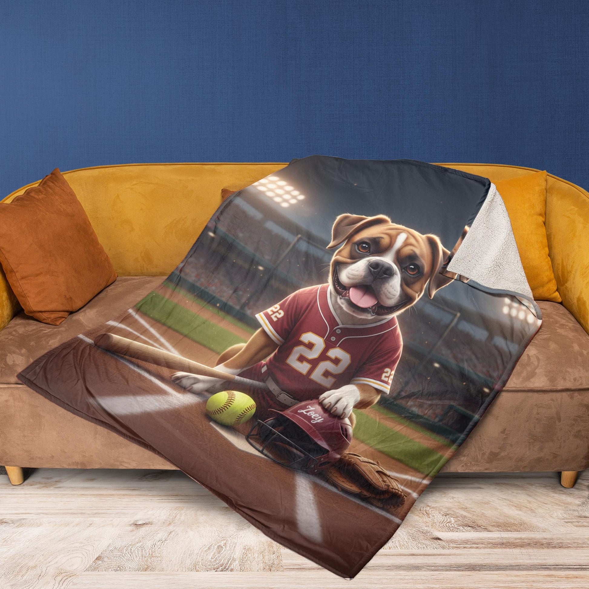 Custom Pet Sports Blanket | Personalized Dog Softball Fleece Throw | Pet Portrait Stadium Decor image 6
