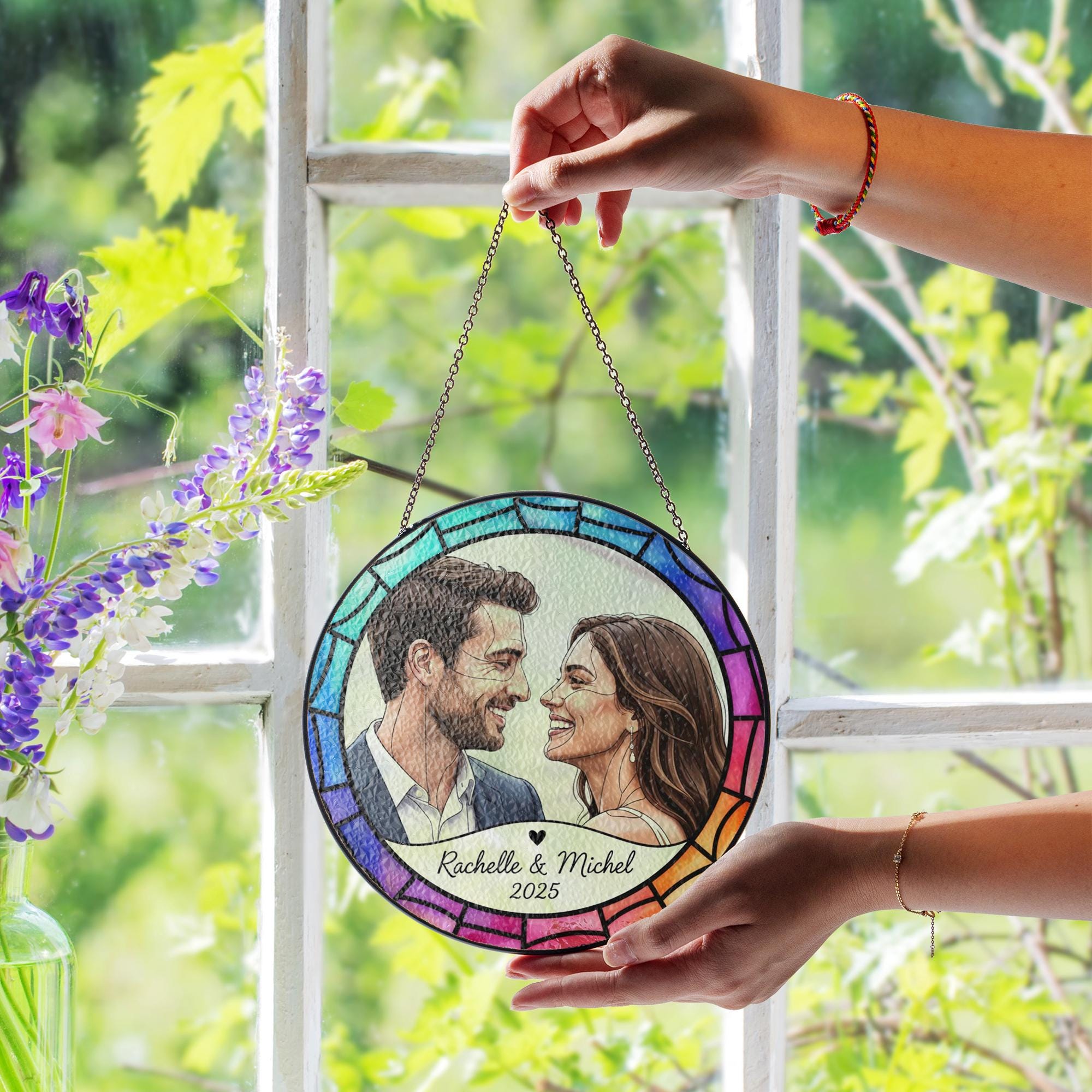 Personalized Glass Suncatcher: Couple Portrait Design, Multicolor Border, Hanging Ornament image 2