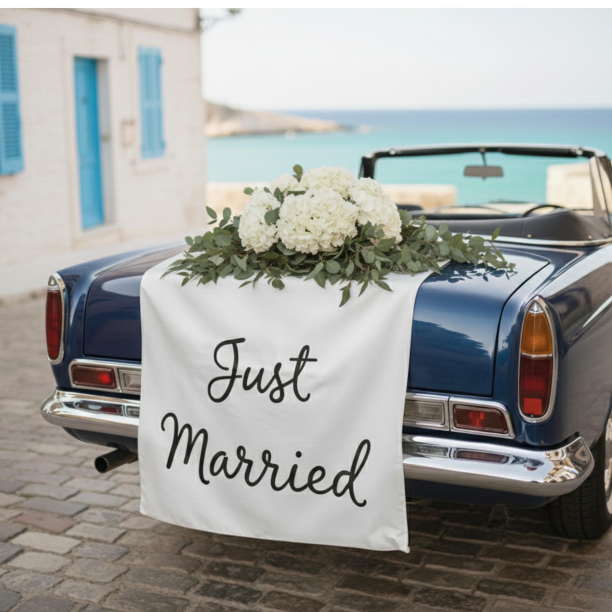 Just Married Linen Table Runner : Wedding Car Décor Banner • Printed Reception Table Cloth image 1