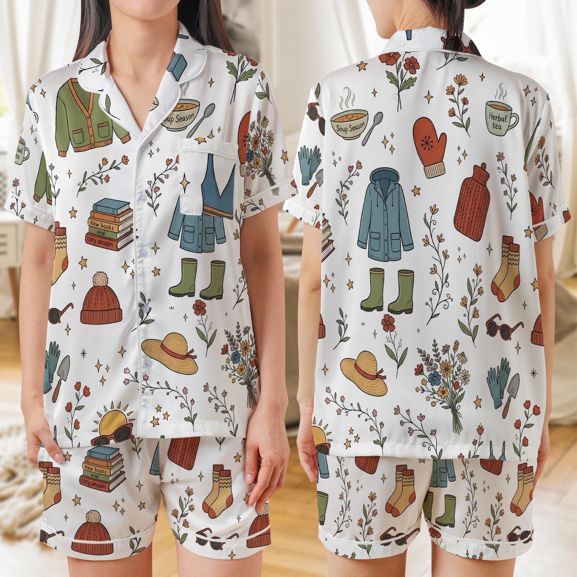 Satin Pajama Set: Four Seasons Gardening and Reading Print Short Sleeve Button Down image 2