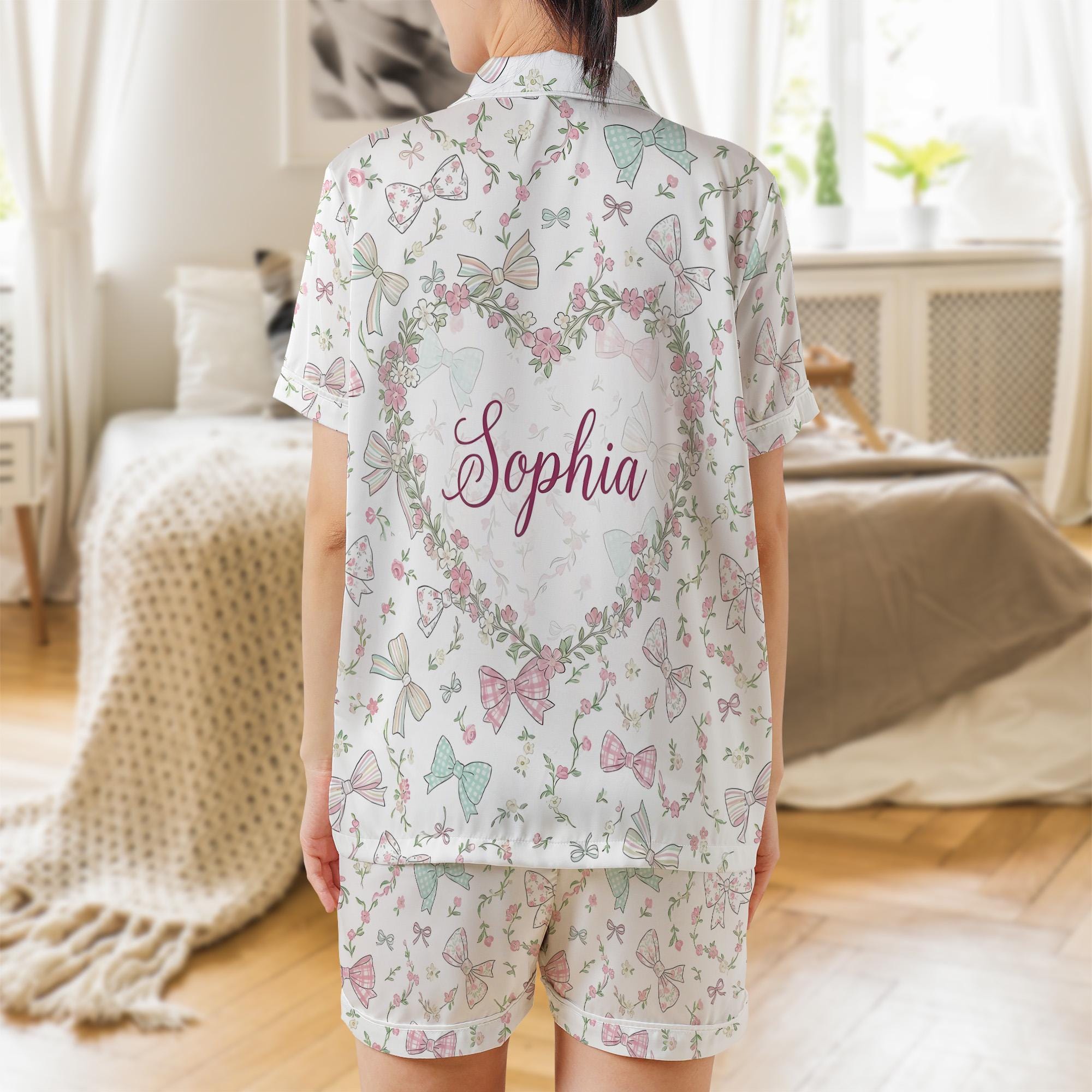 Satin Pajama Set: Coquette Bow and Floral Print Short Sleeve Button Down image 2