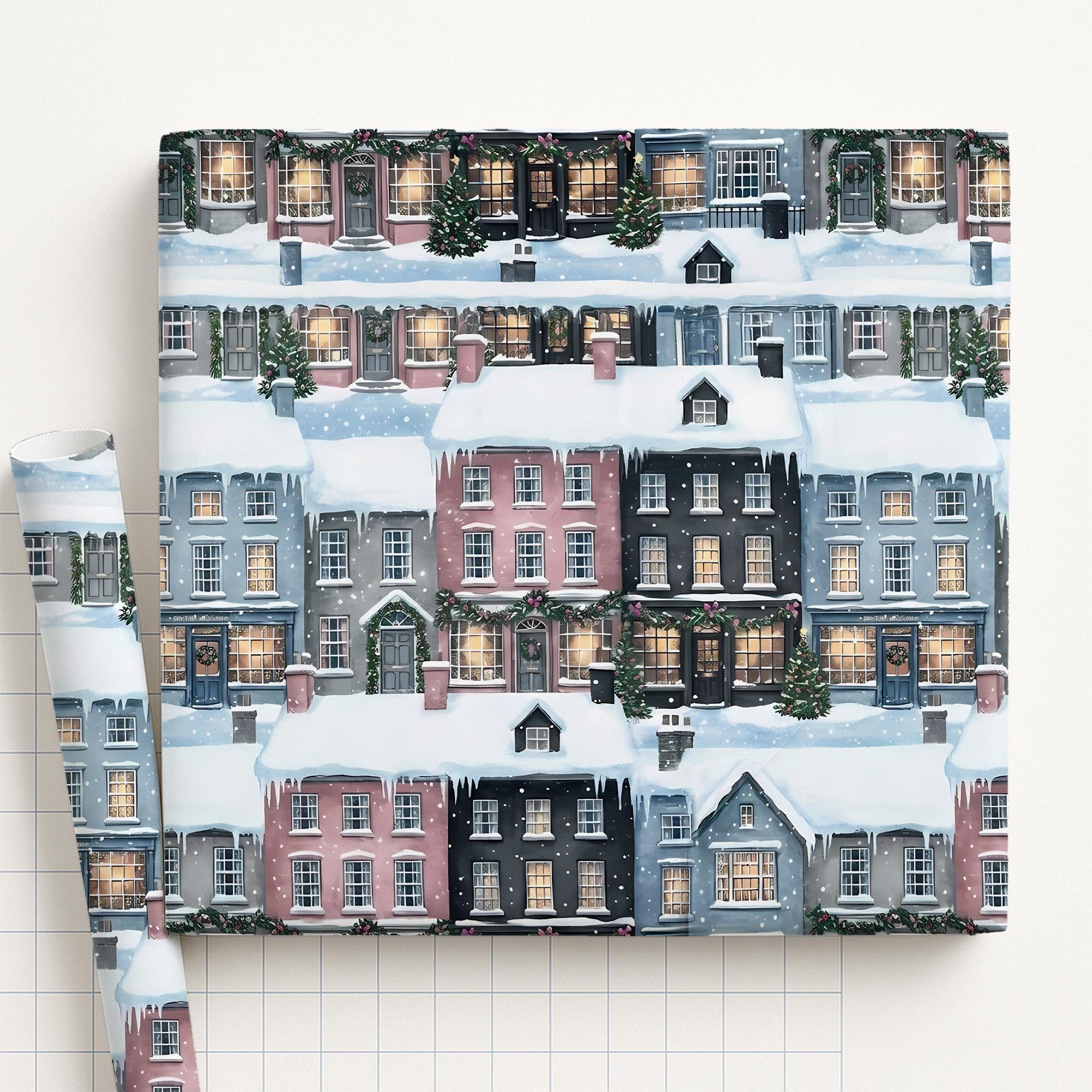Wrapping Paper: Watercolor Snowy Winter Town Village Print Christmas Street Scene image 2
