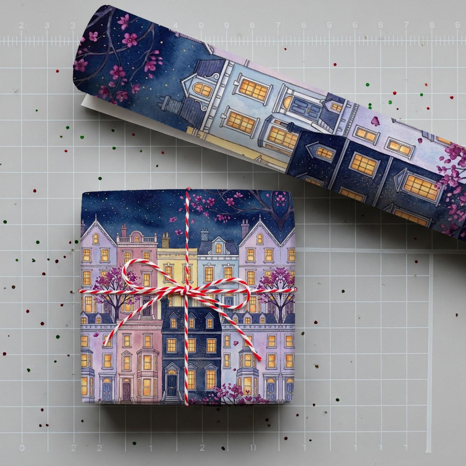 Wrapping Paper: Starry Night City Townhouse Print with Pink Blossoms image 2