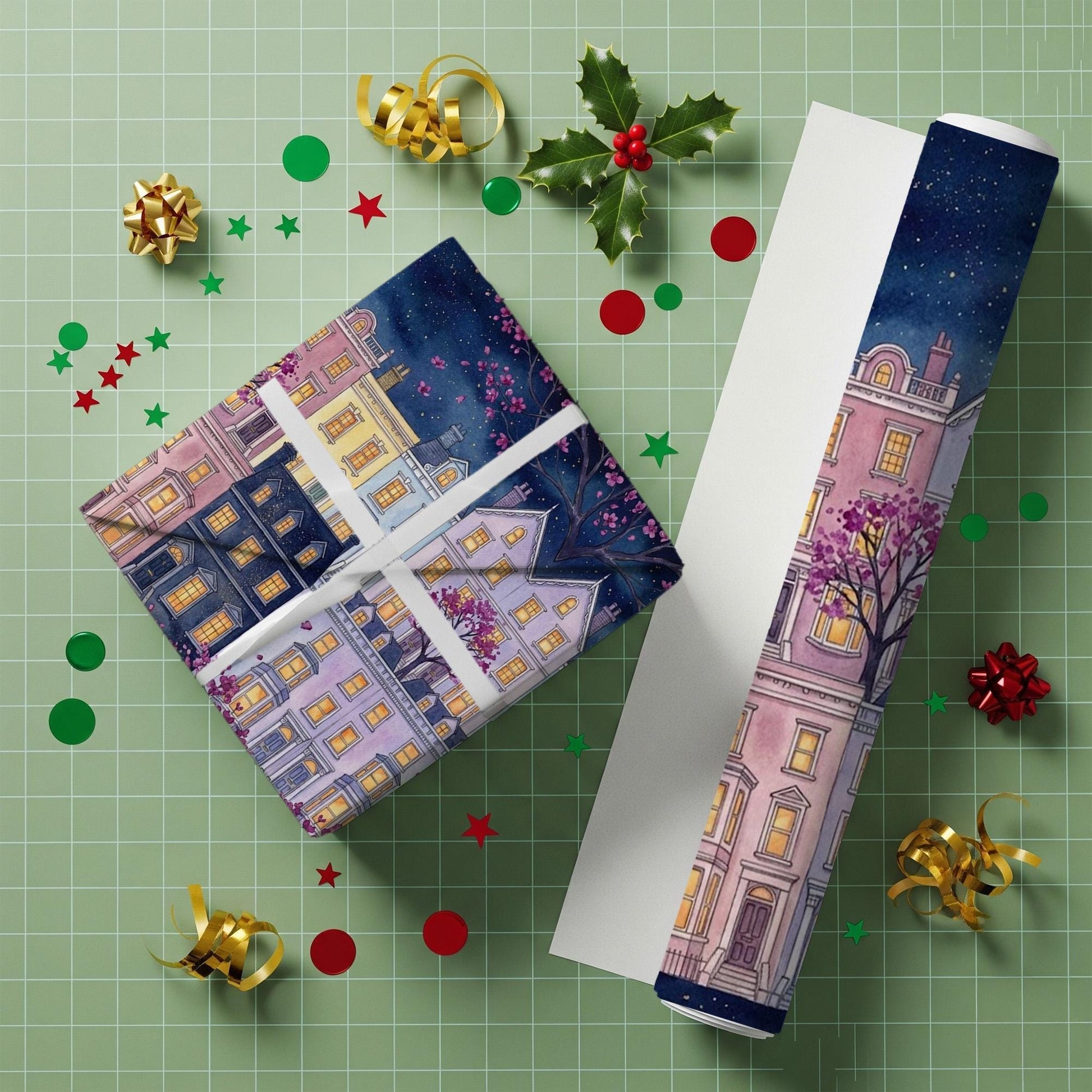 Wrapping Paper: Starry Night City Townhouse Print with Pink Blossoms image 3