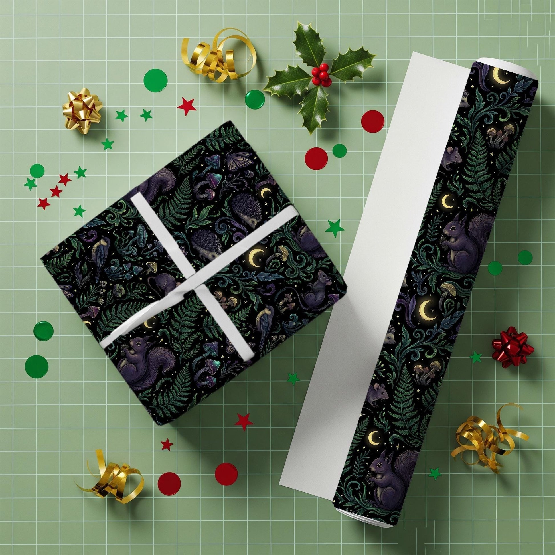 Wrapping Paper: Dark Enchanted Forest Animals, Moon and Mushroom Print image 3