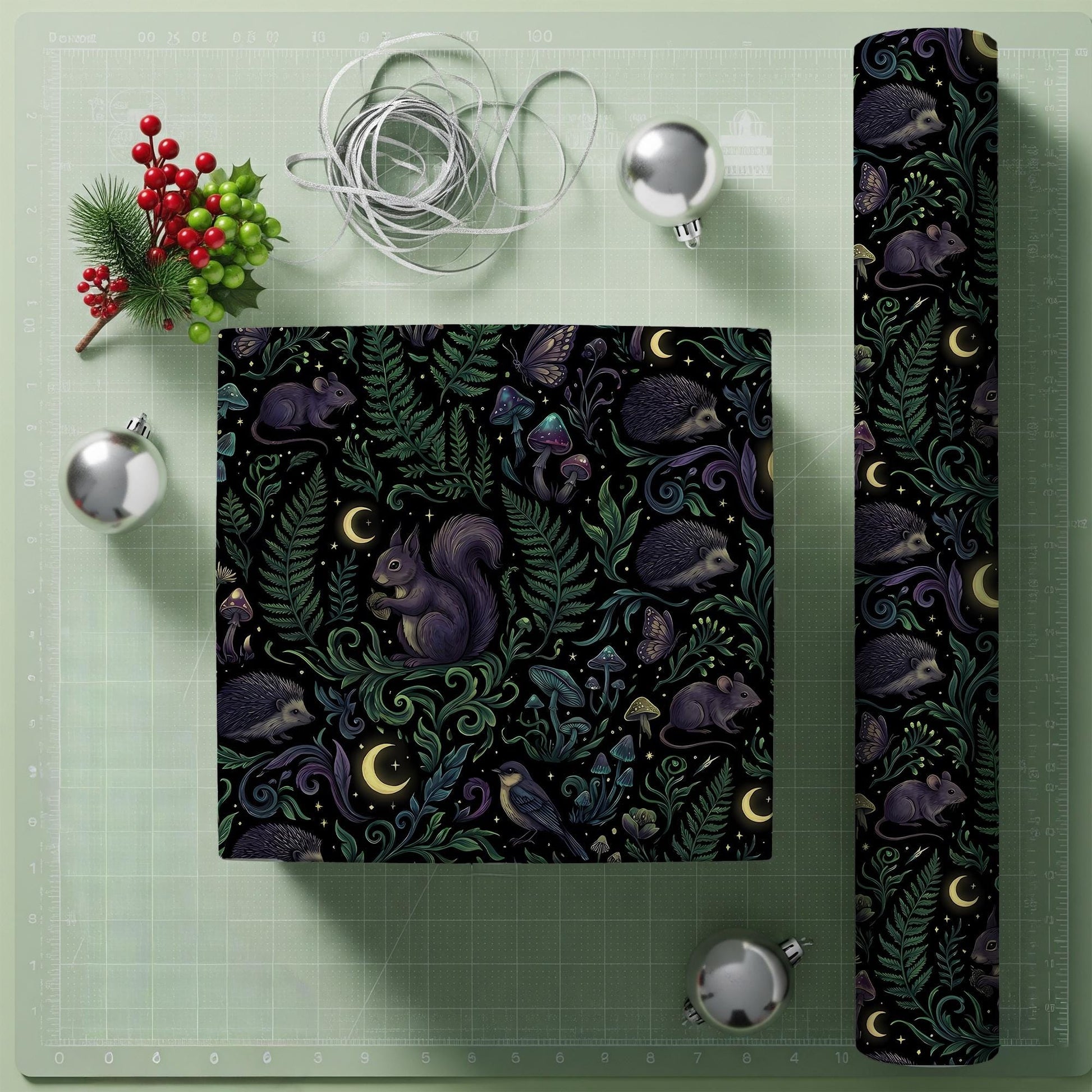 Wrapping Paper: Dark Enchanted Forest Animals, Moon and Mushroom Print image 4
