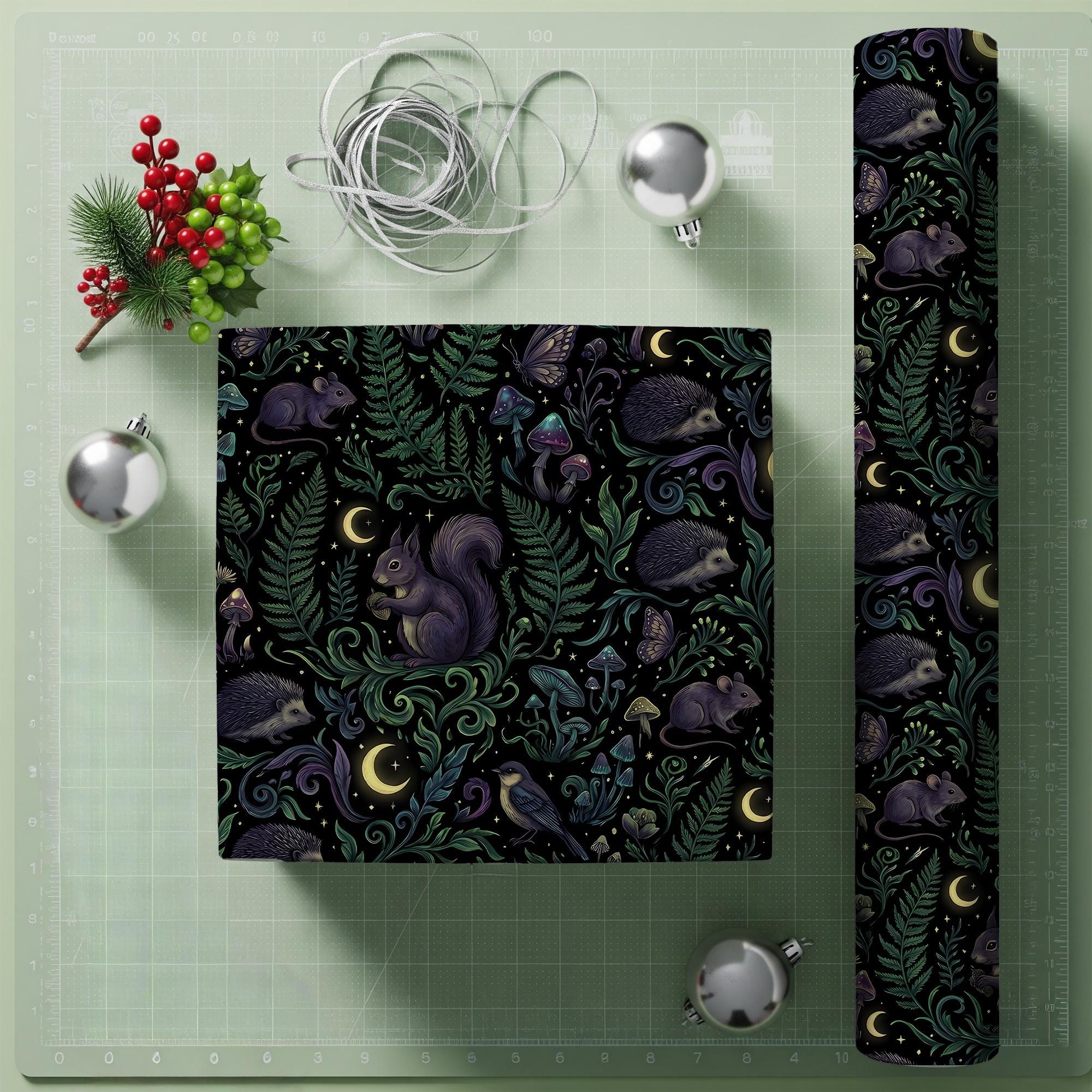 Wrapping Paper: Dark Enchanted Forest Animals, Moon and Mushroom Print image 4