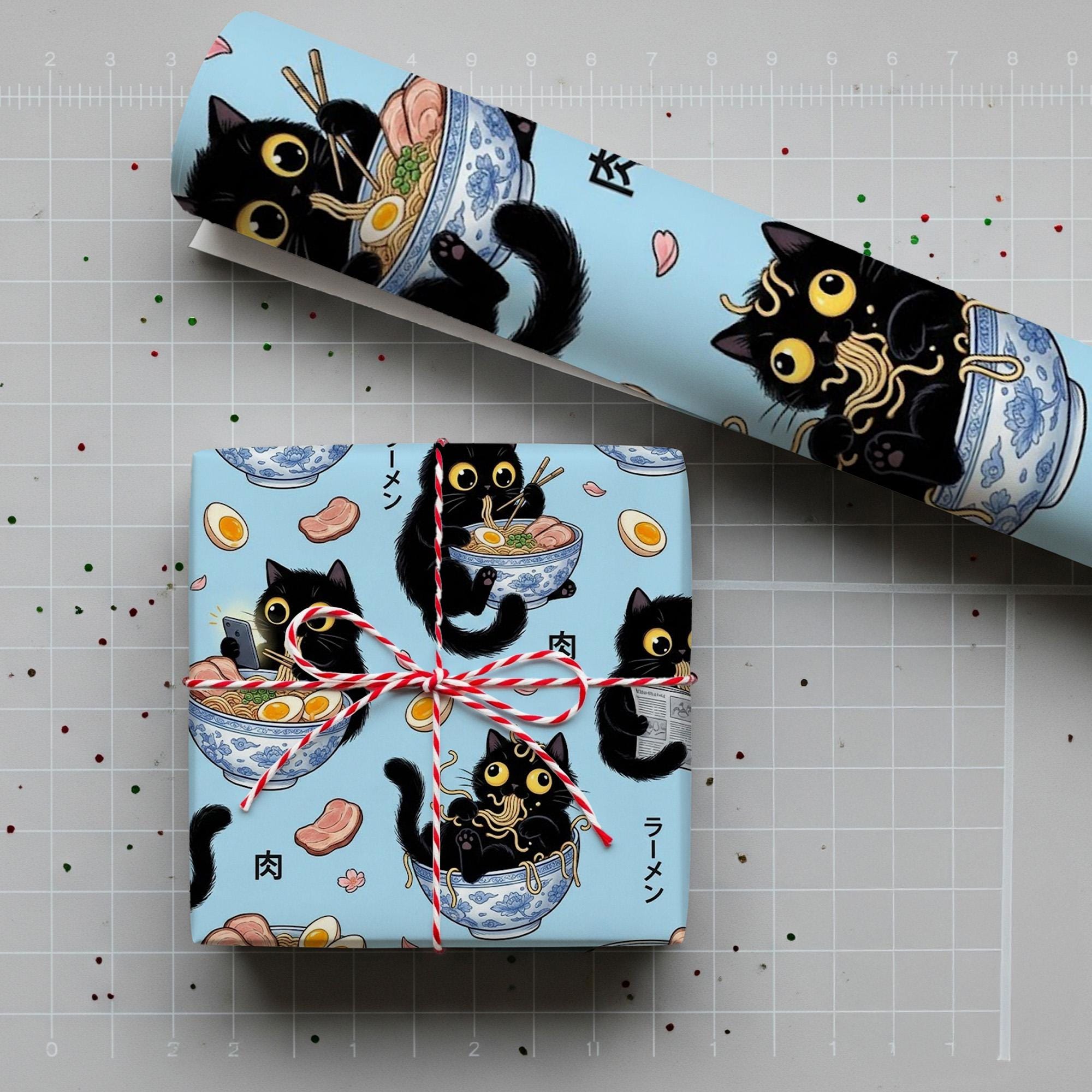 Wrapping Paper: Kawaii Black Cat Eating Ramen Noodles Anime Print image 2